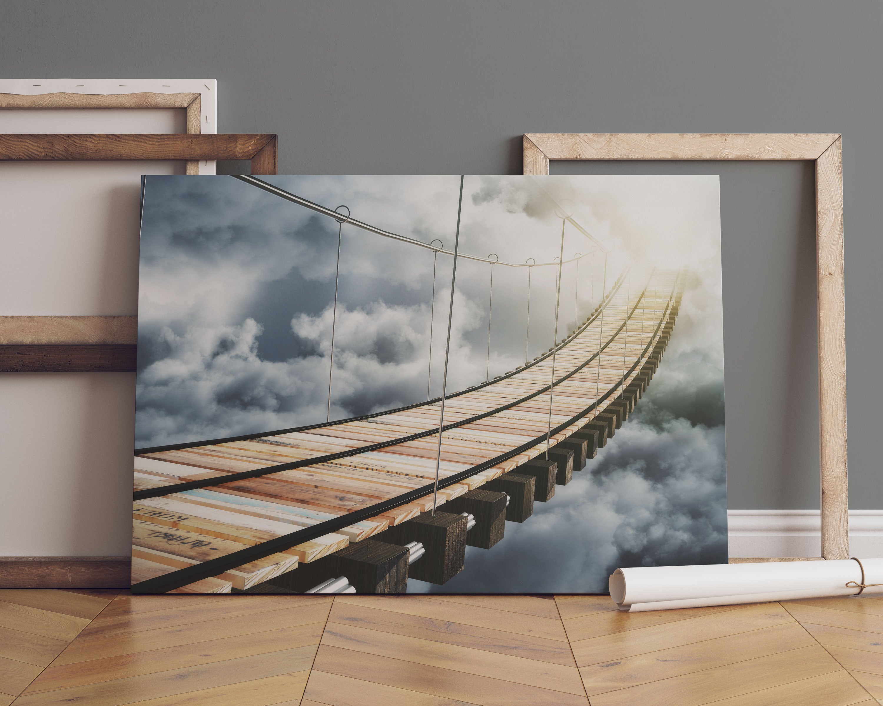 Hölzerne Brücke in den Wolken Leinwandbild Sofa