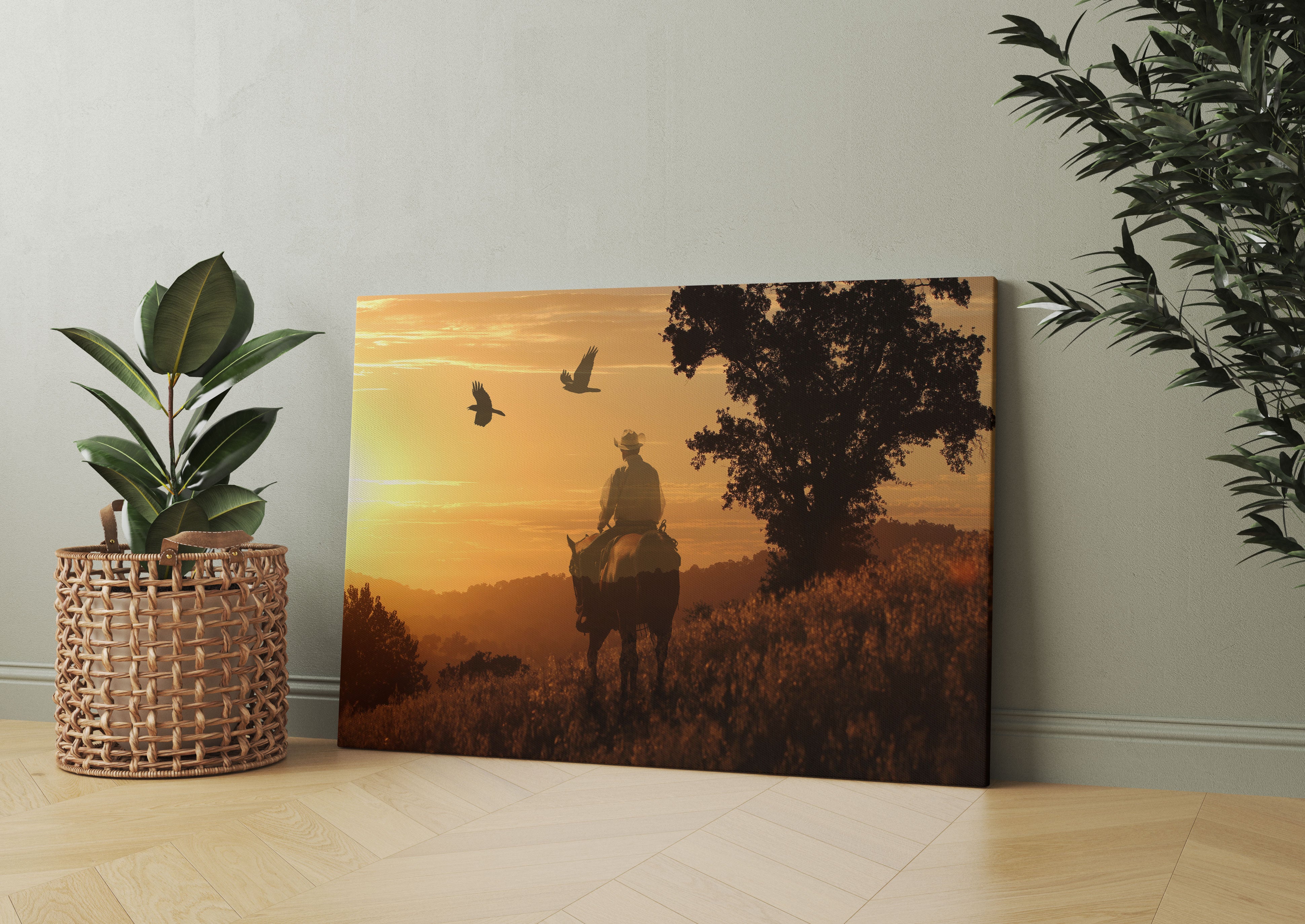 Ein Cowboy im Sonnenuntergang Leinwandbild Wohnzimmer