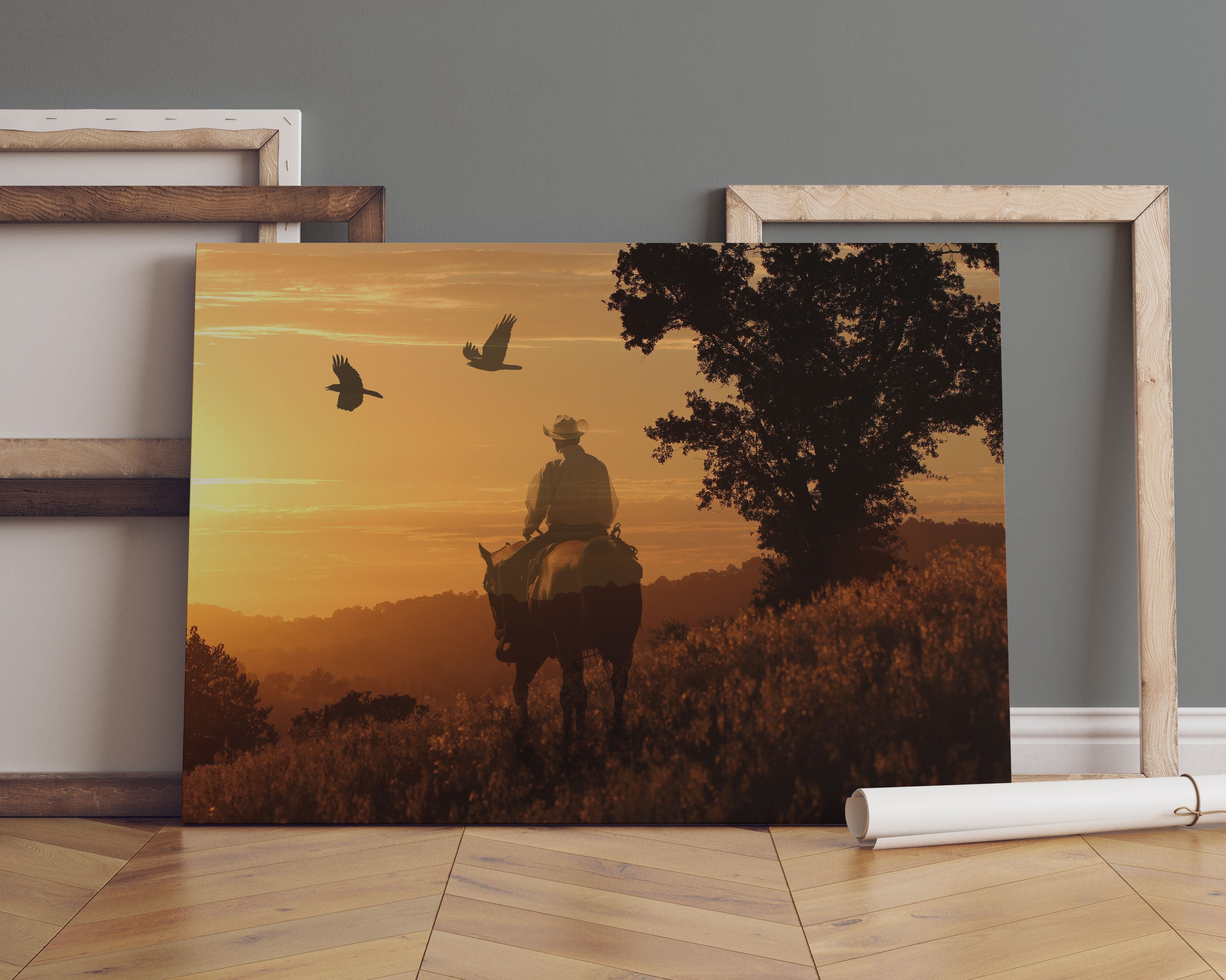 Ein Cowboy im Sonnenuntergang Leinwandbild Sofa