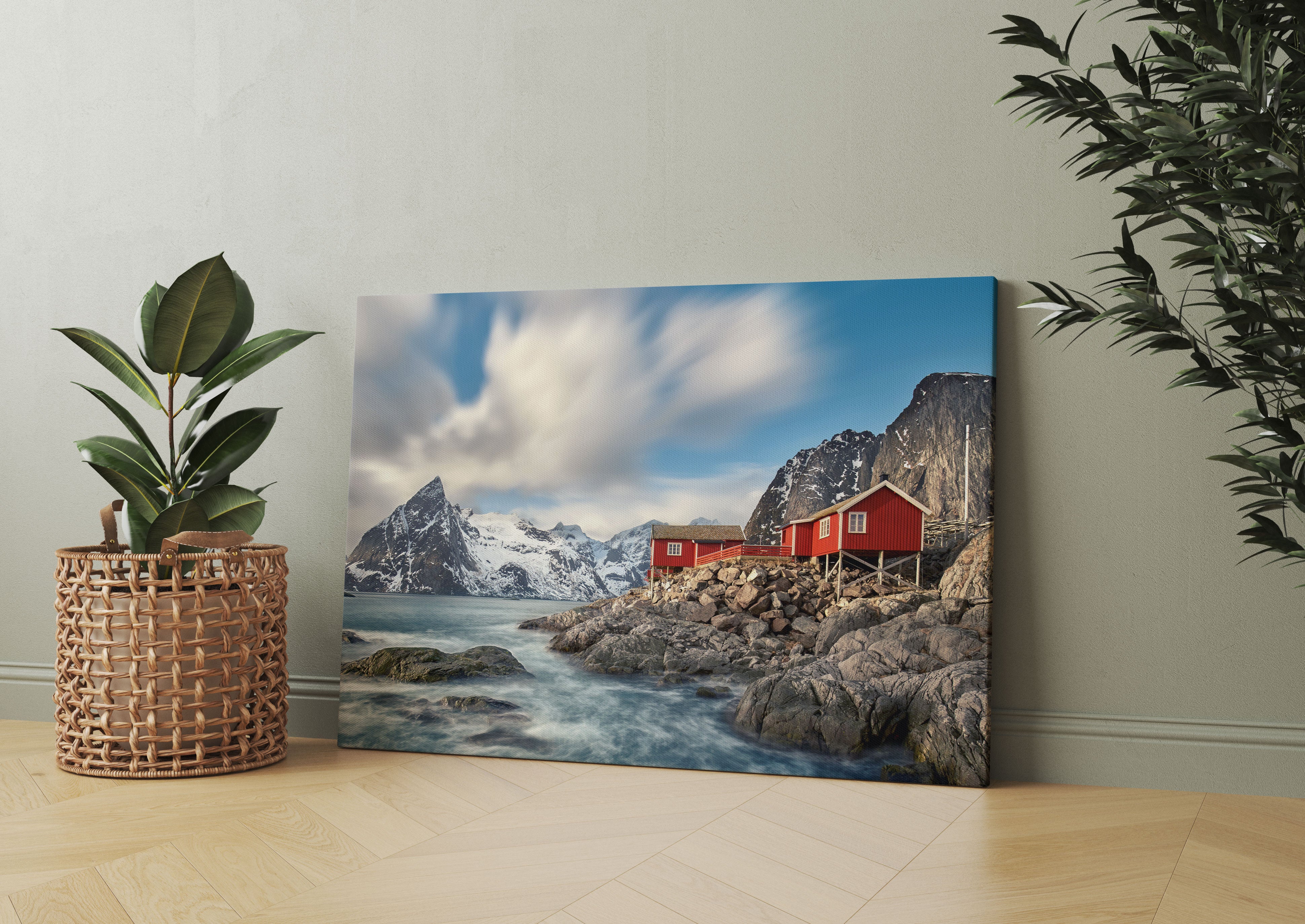 Einsames rotes Haus am Meer in Norwegen Leinwandbild Wohnzimmer