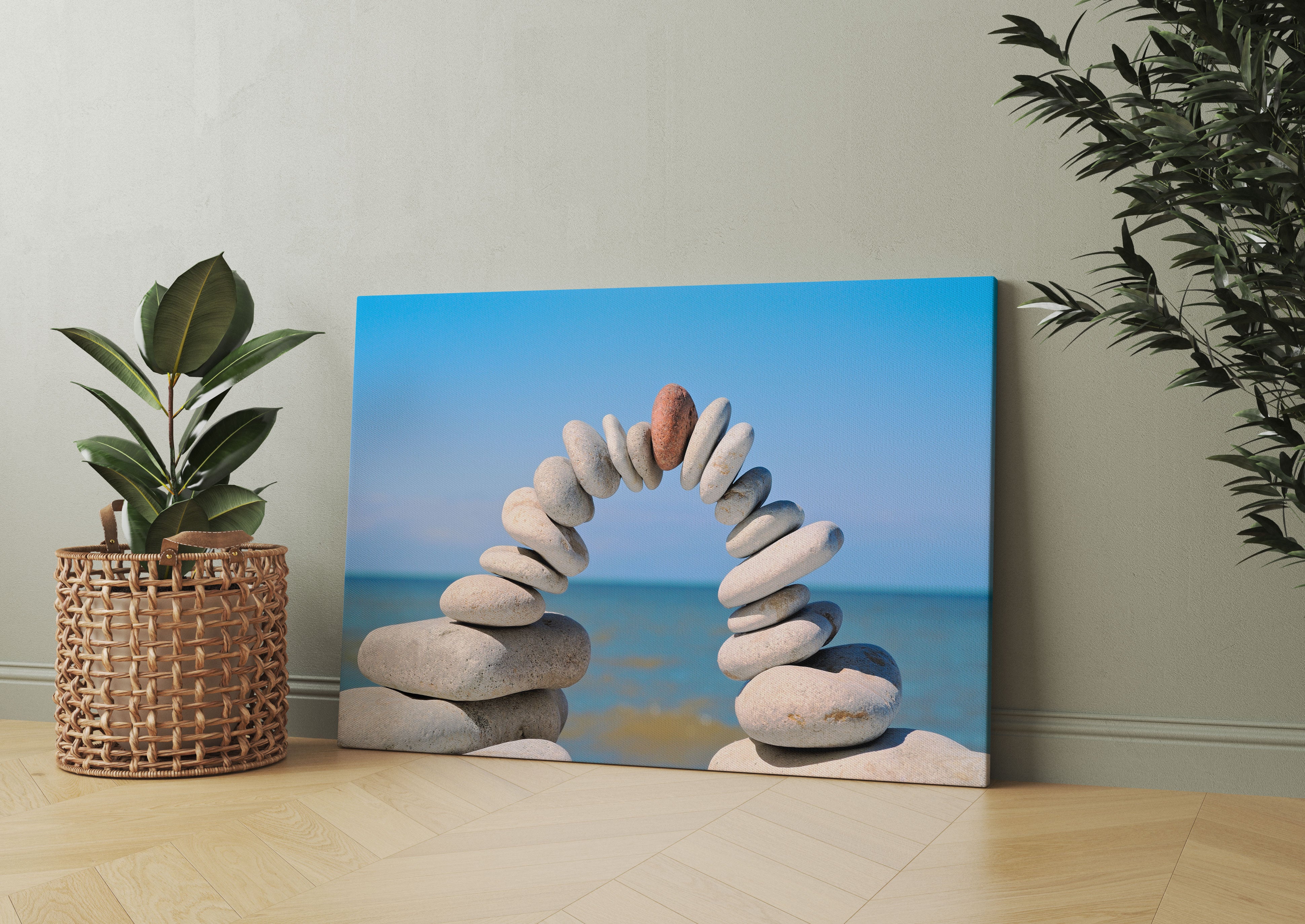 Brücke aus Zen Steinen am Meer Leinwandbild Wohnzimmer