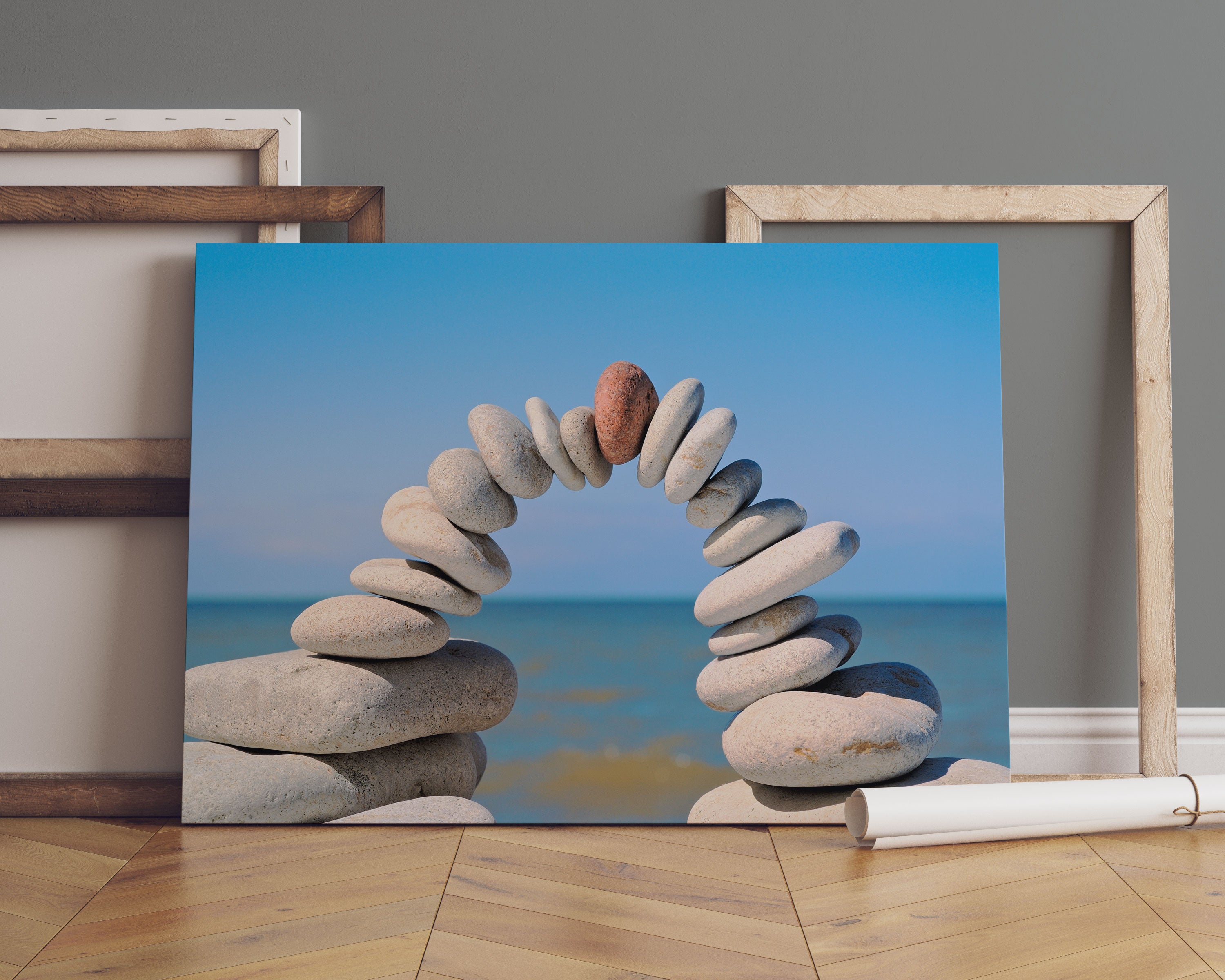 Brücke aus Zen Steinen am Meer Leinwandbild Sofa