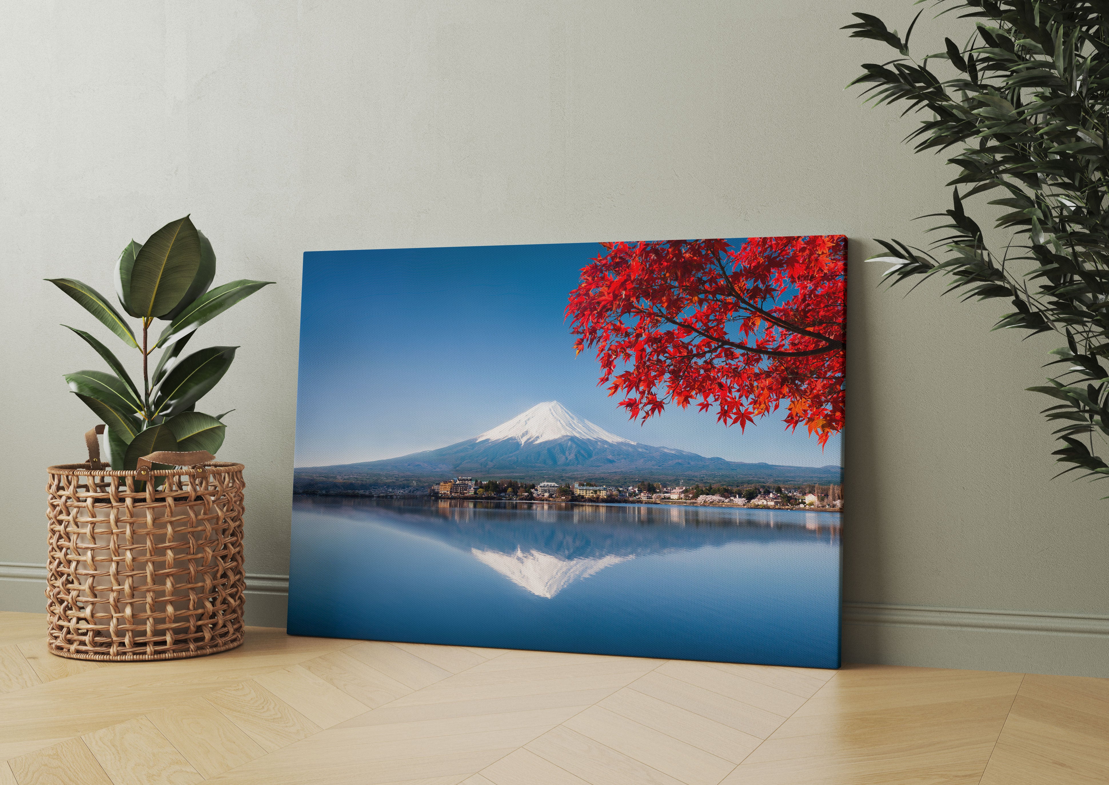 Berg Fujiyama mit herbstlich rotem Baum Leinwandbild Wohnzimmer