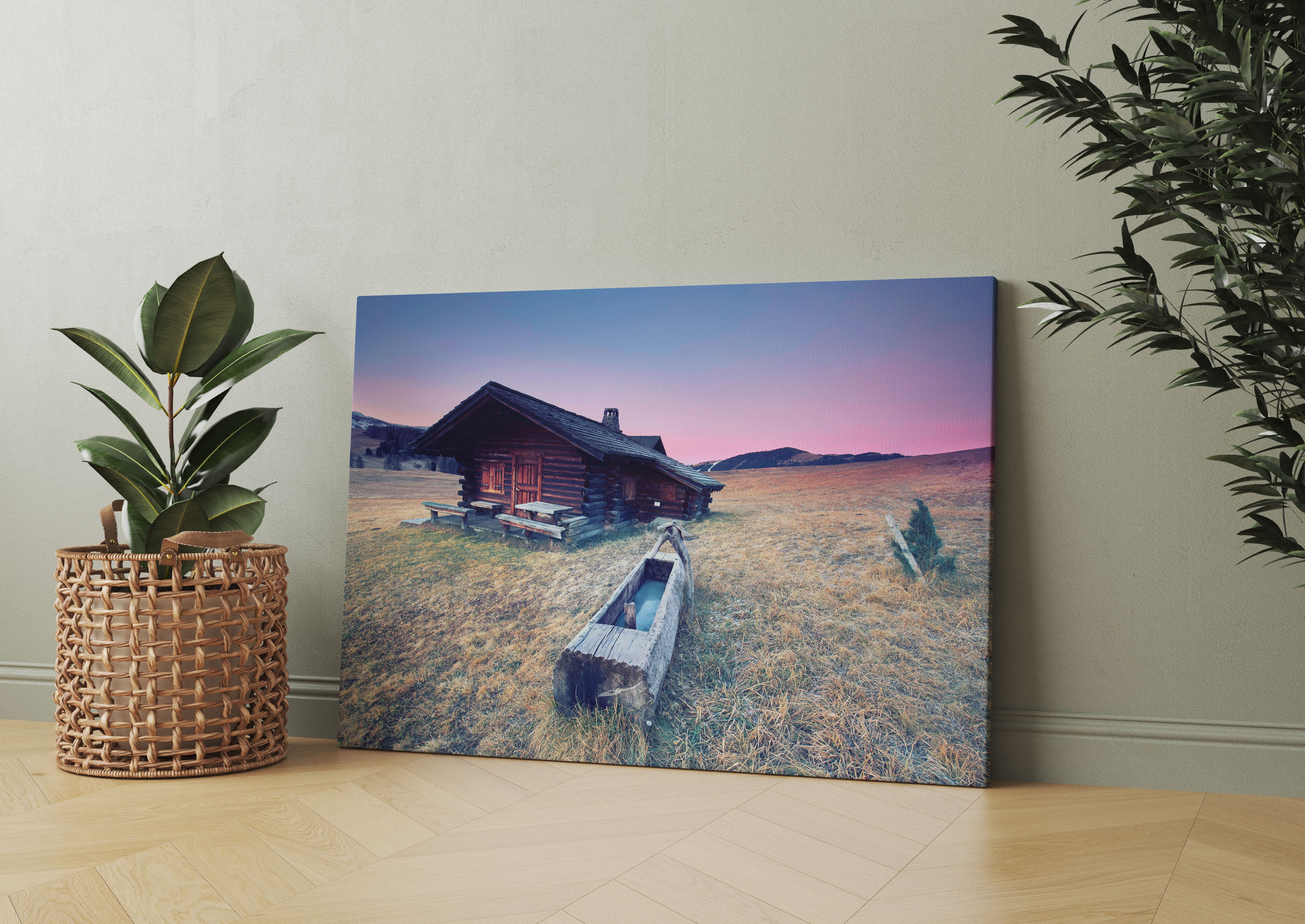 Blockhaus mit Wassertrog Dämmerung Leinwandbild Wohnzimmer