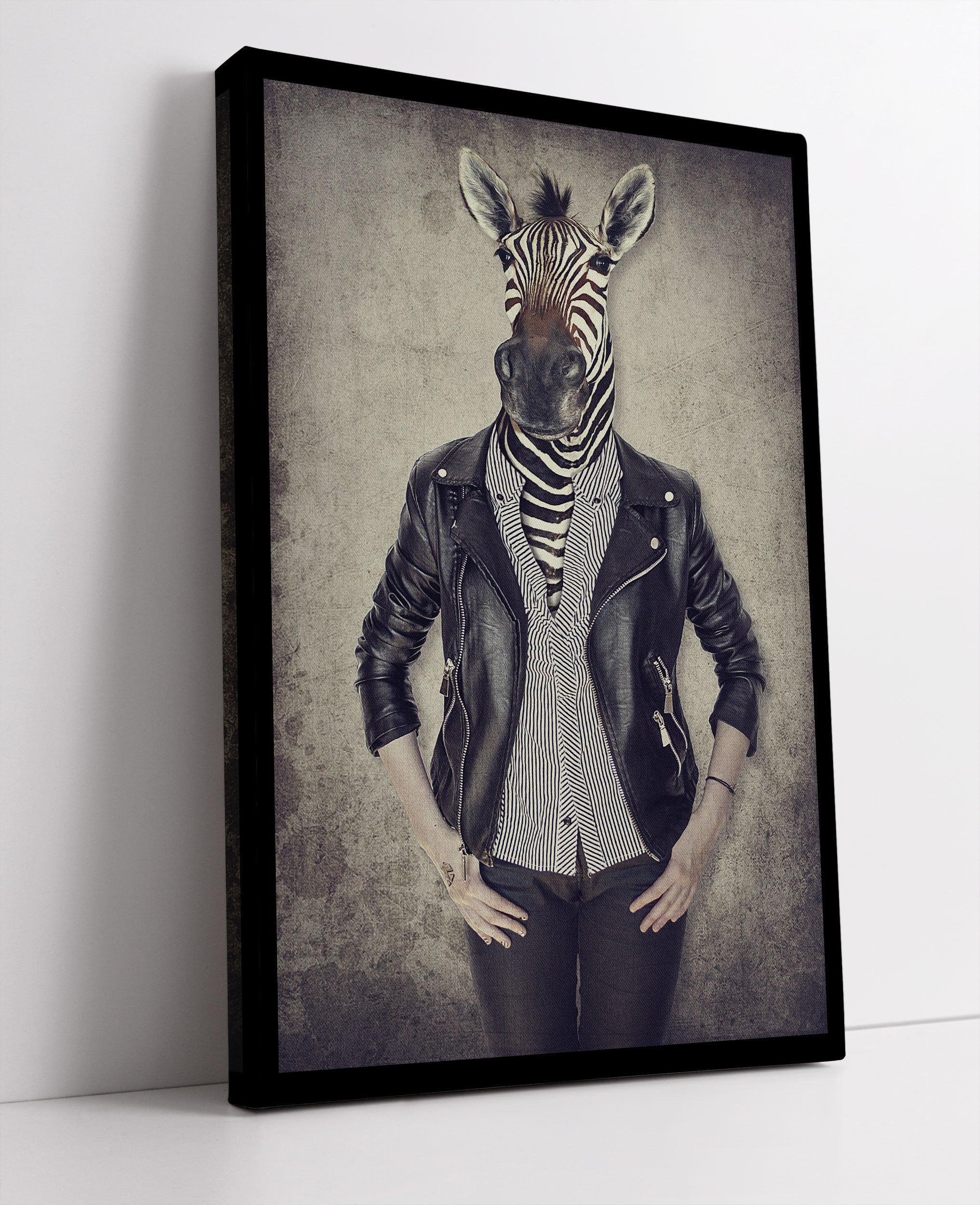 Zebrakopf Menschenkörper mit Lederjacke Leinwandbild Studio