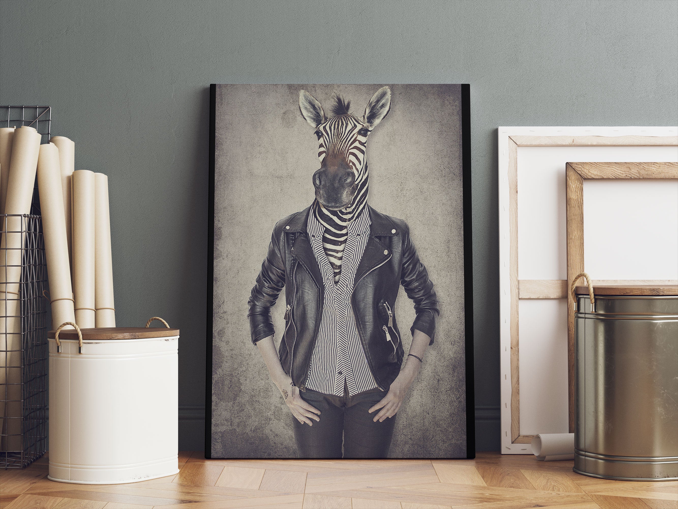 Zebrakopf Menschenkörper mit Lederjacke Leinwandbild Sofa