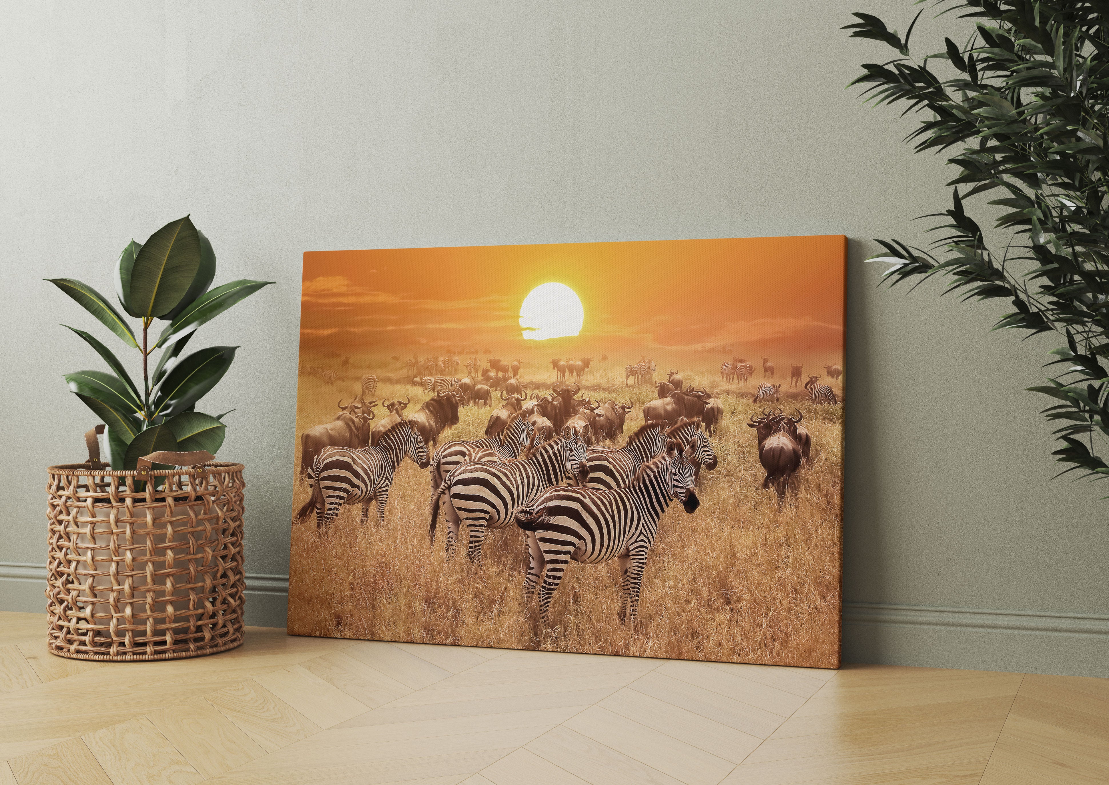 Zebraherde Savanne bei Sonnenuntergang Leinwandbild Wohnzimmer