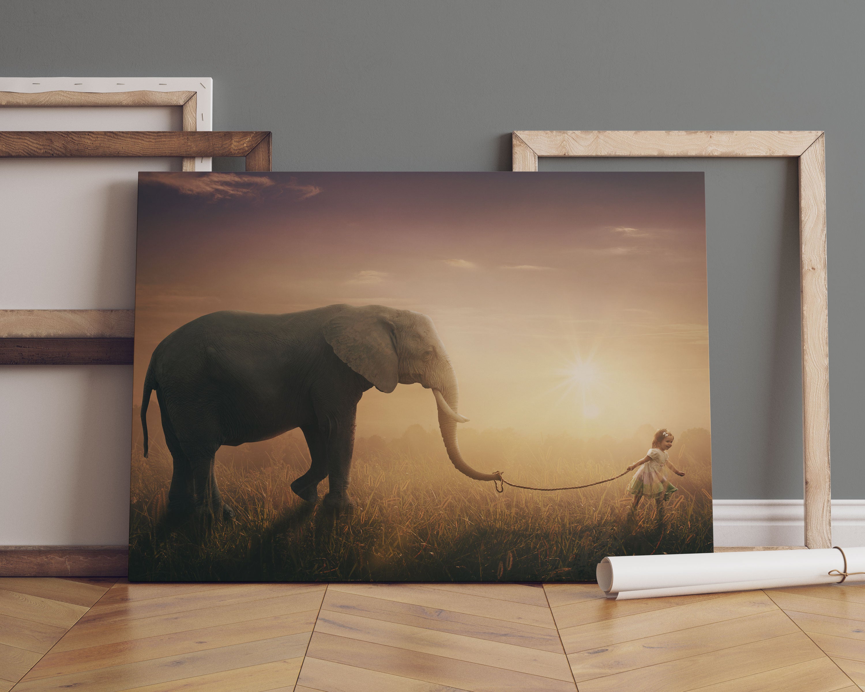 Kind und Elefant bei Sonnenuntergang Leinwandbild Sofa