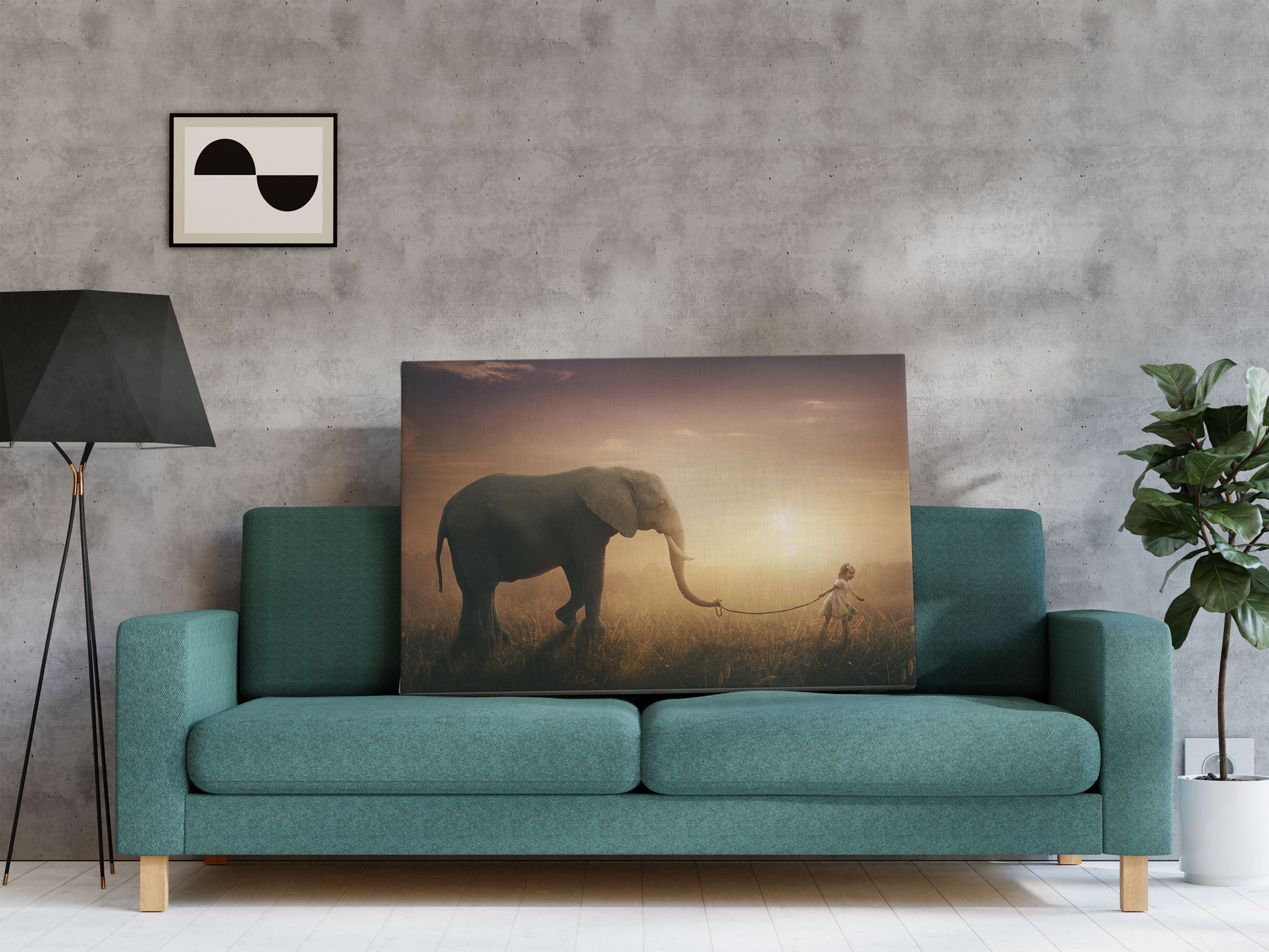 Kind und Elefant bei Sonnenuntergang Leinwandbild Regal