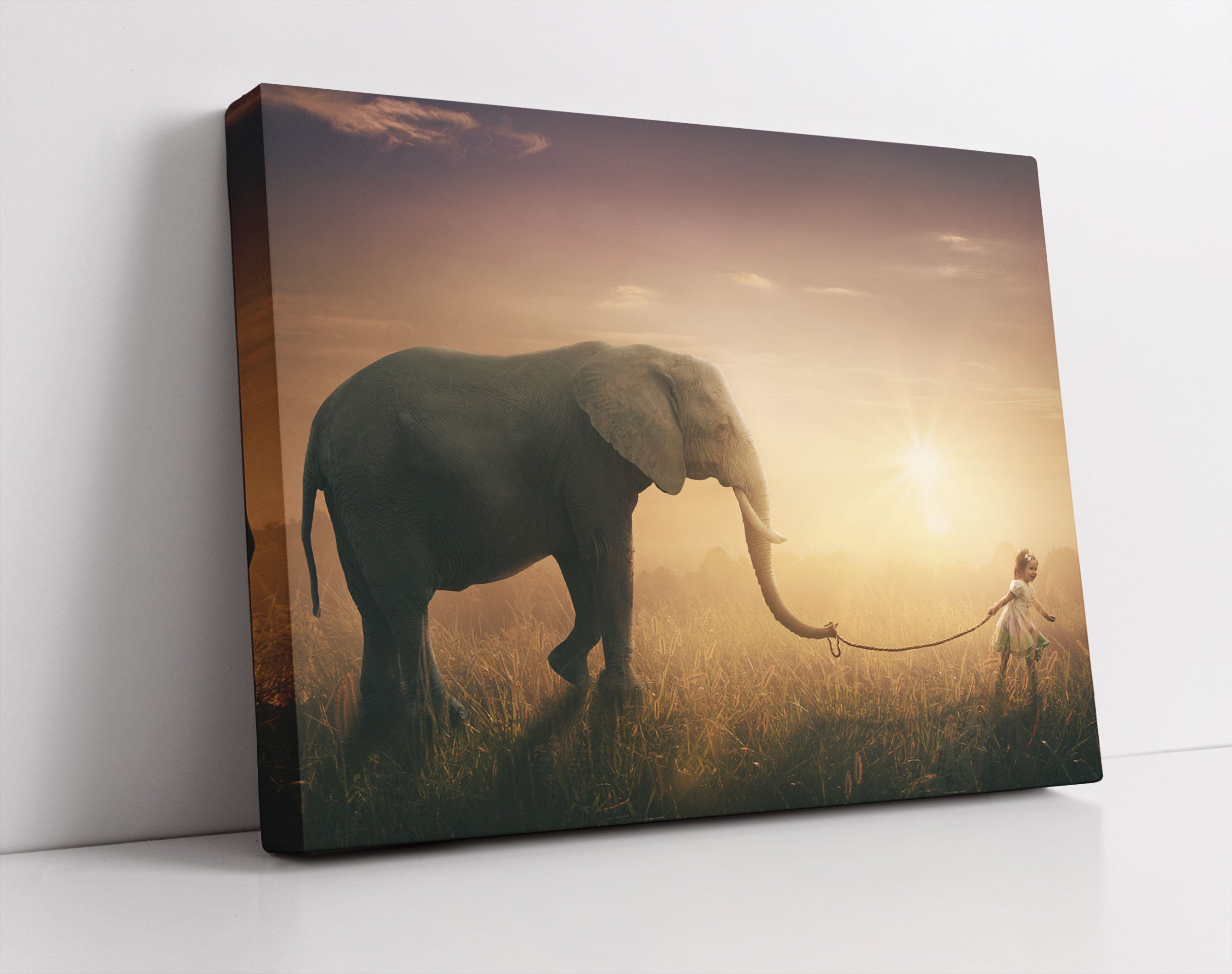 Kind und Elefant bei Sonnenuntergang - Leinwandbild