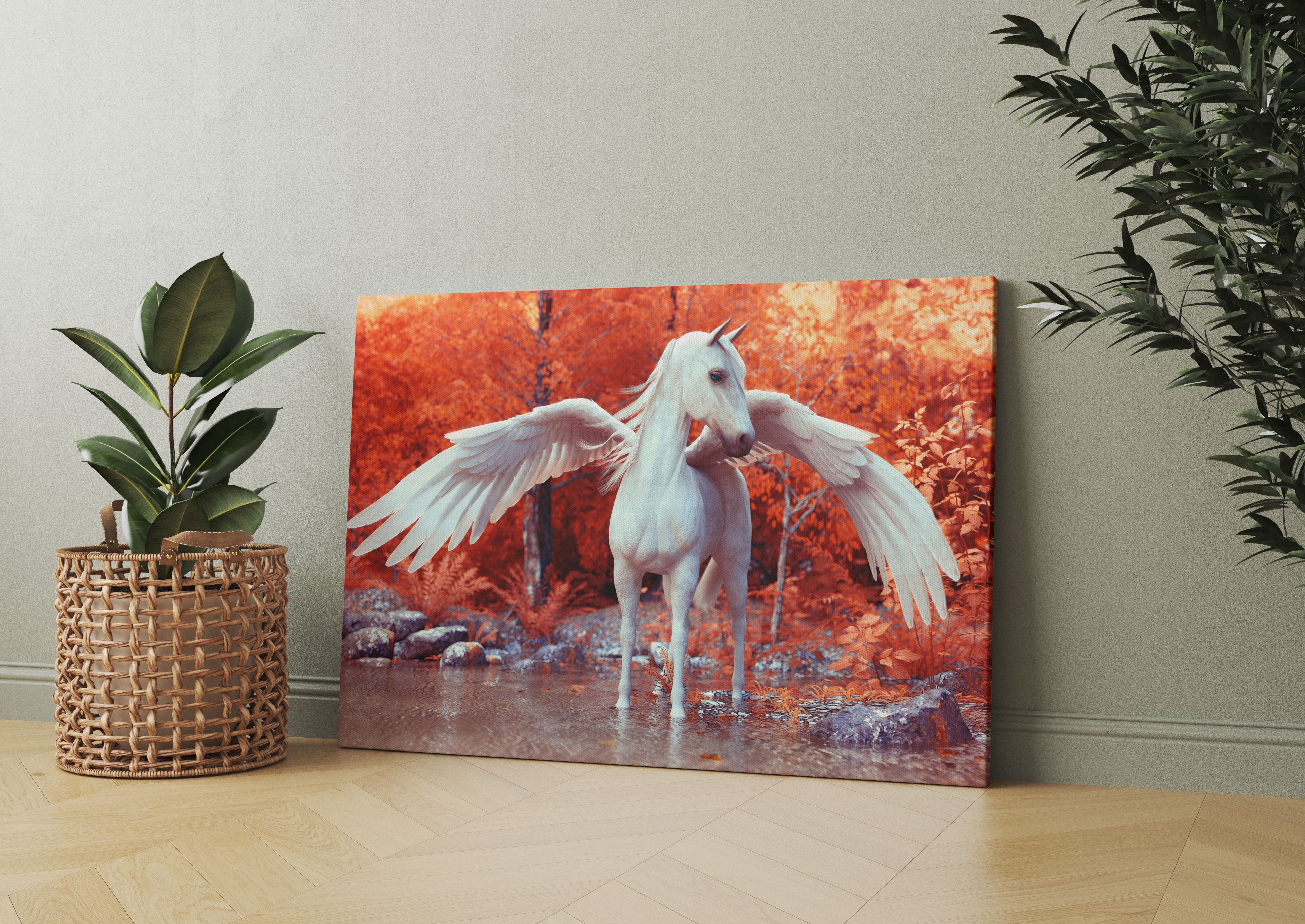 Pegasus im Fluss eines Herbstwaldes Leinwandbild Wohnzimmer