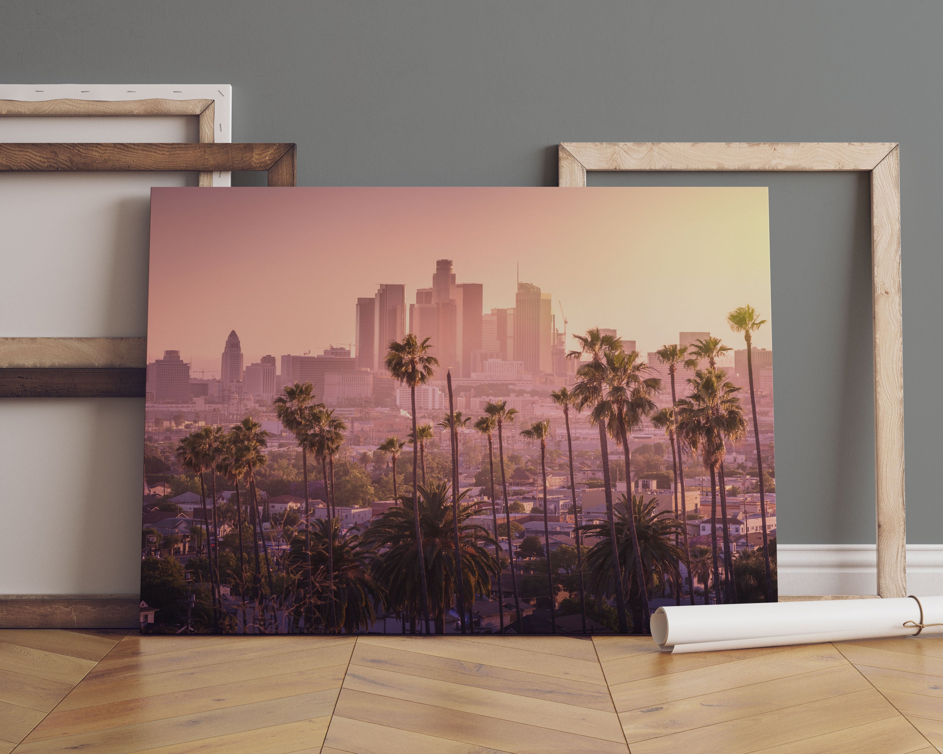 Palmen vor Skyline von Los Angeles Leinwandbild Sofa