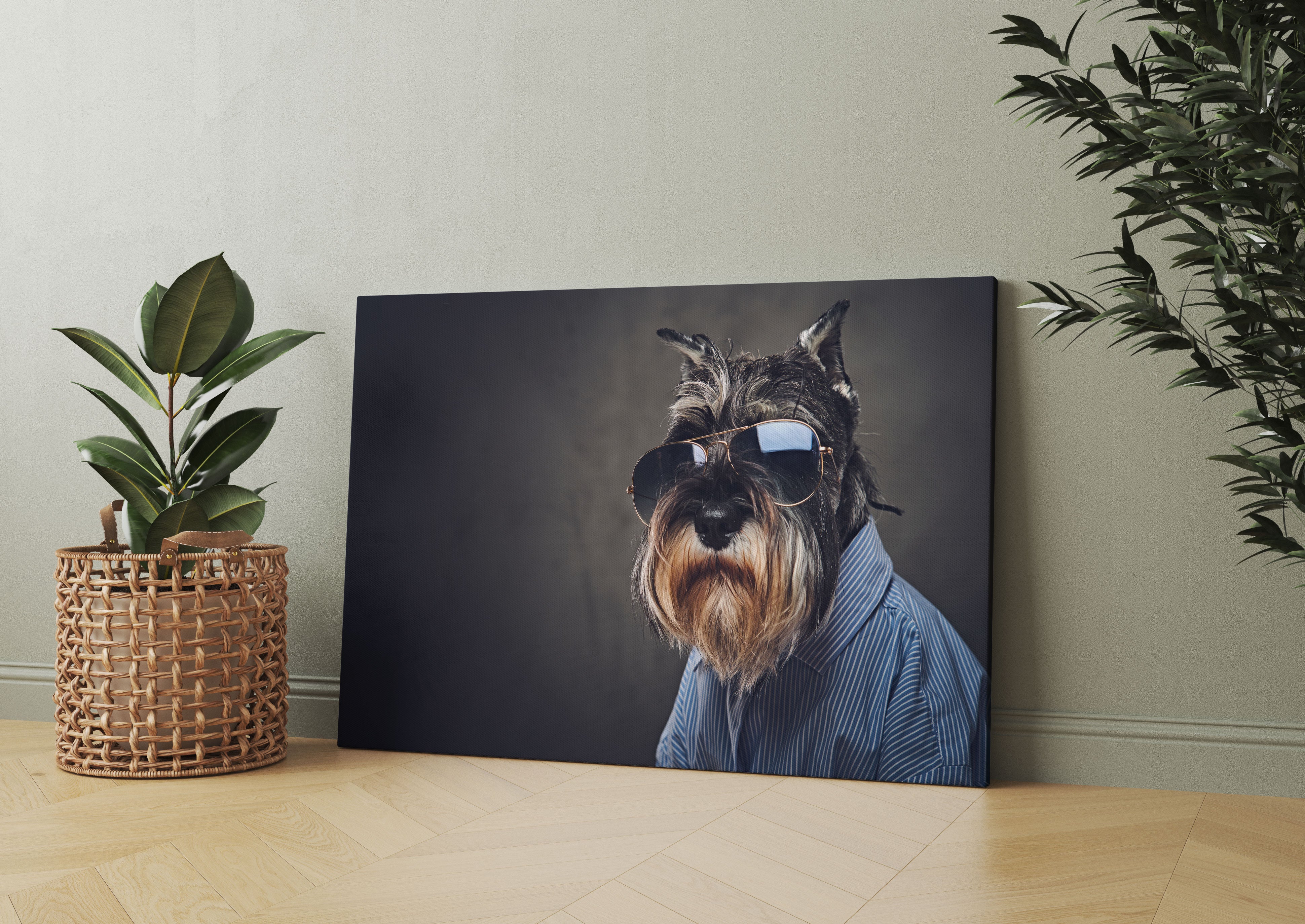 Lustiger Hund mit Hemd und Sonnenbrille Leinwandbild Wohnzimmer