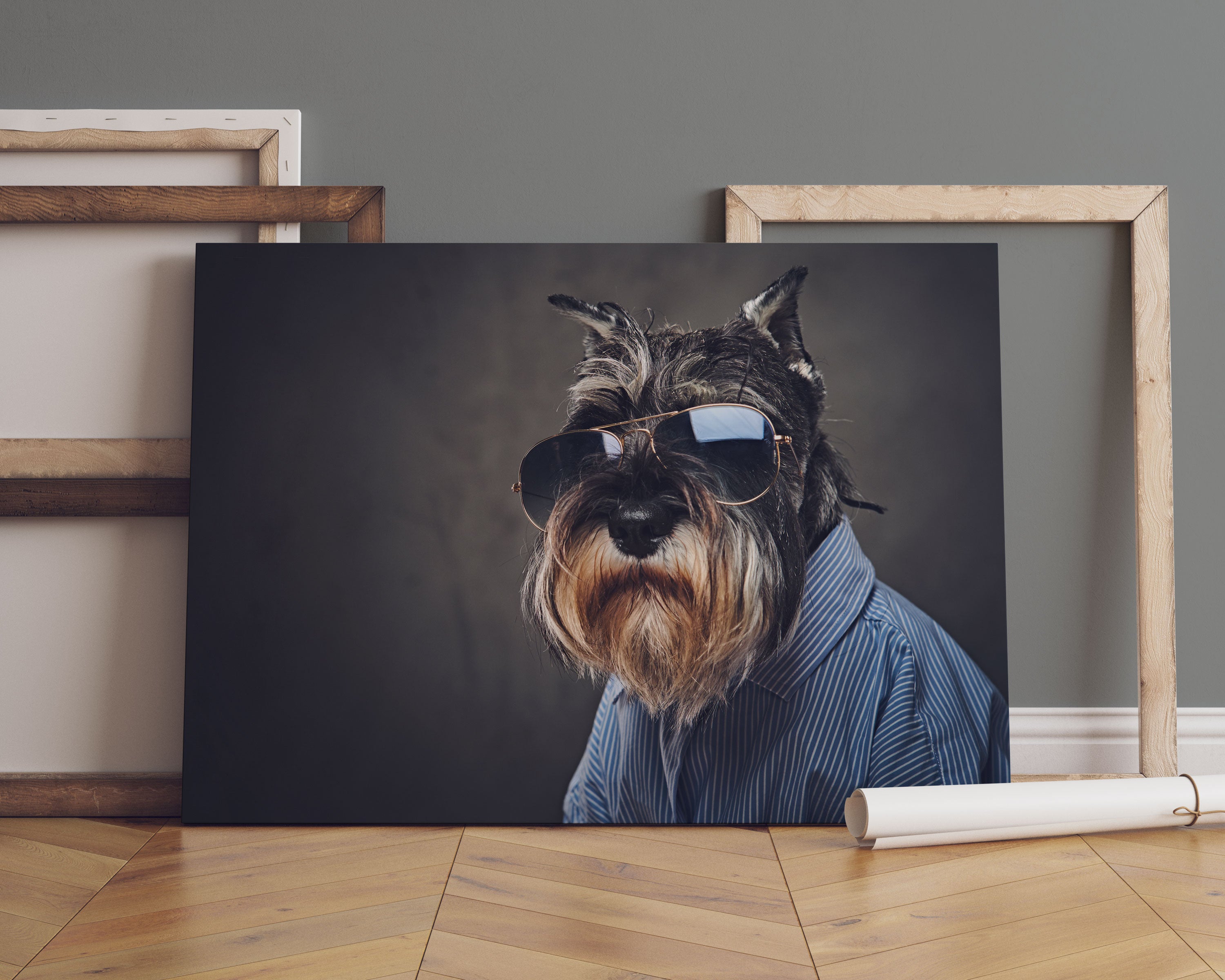 Lustiger Hund mit Hemd und Sonnenbrille Leinwandbild Sofa