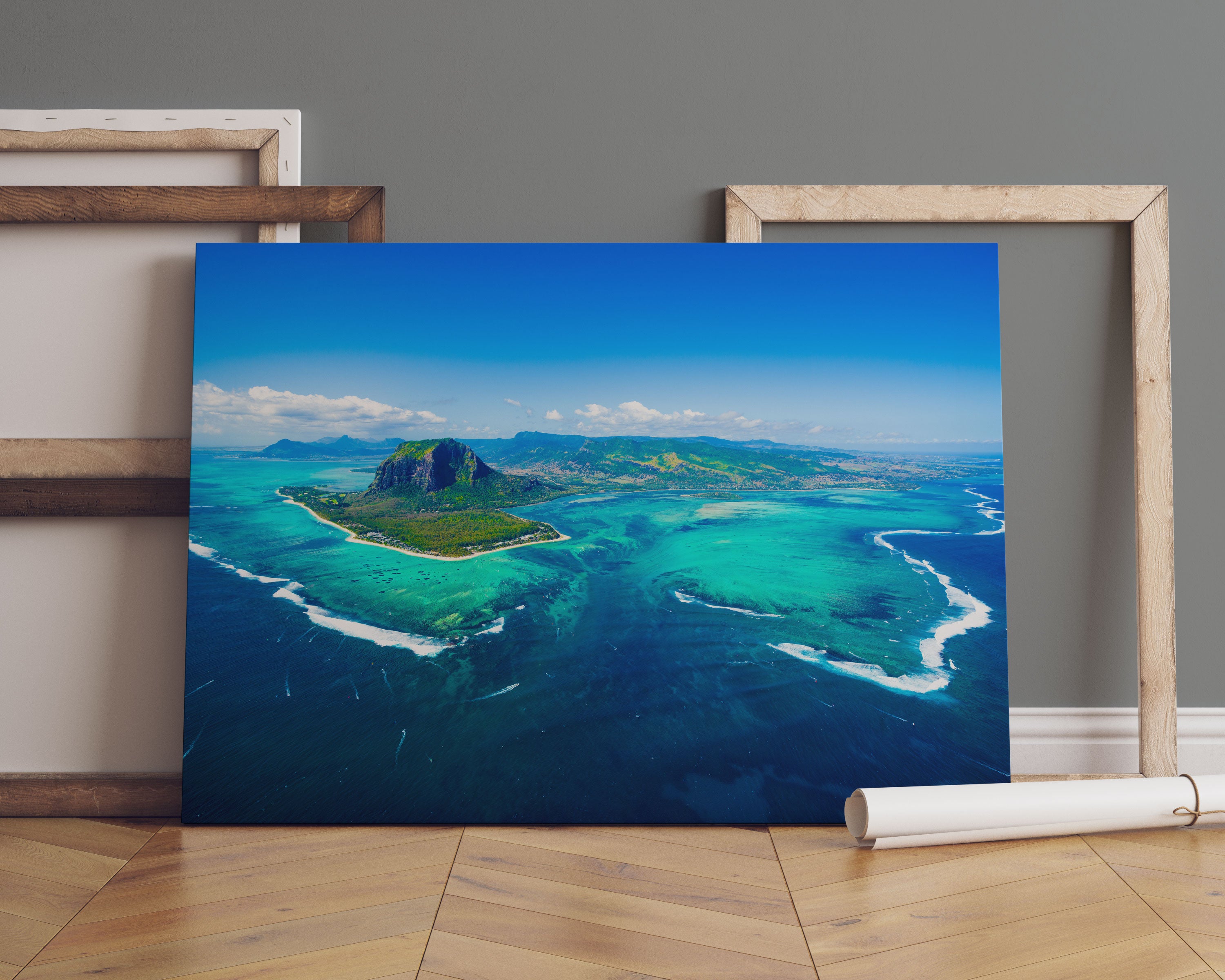 Blick von oben auf die Trauminsel Mauritius Leinwandbild Sofa