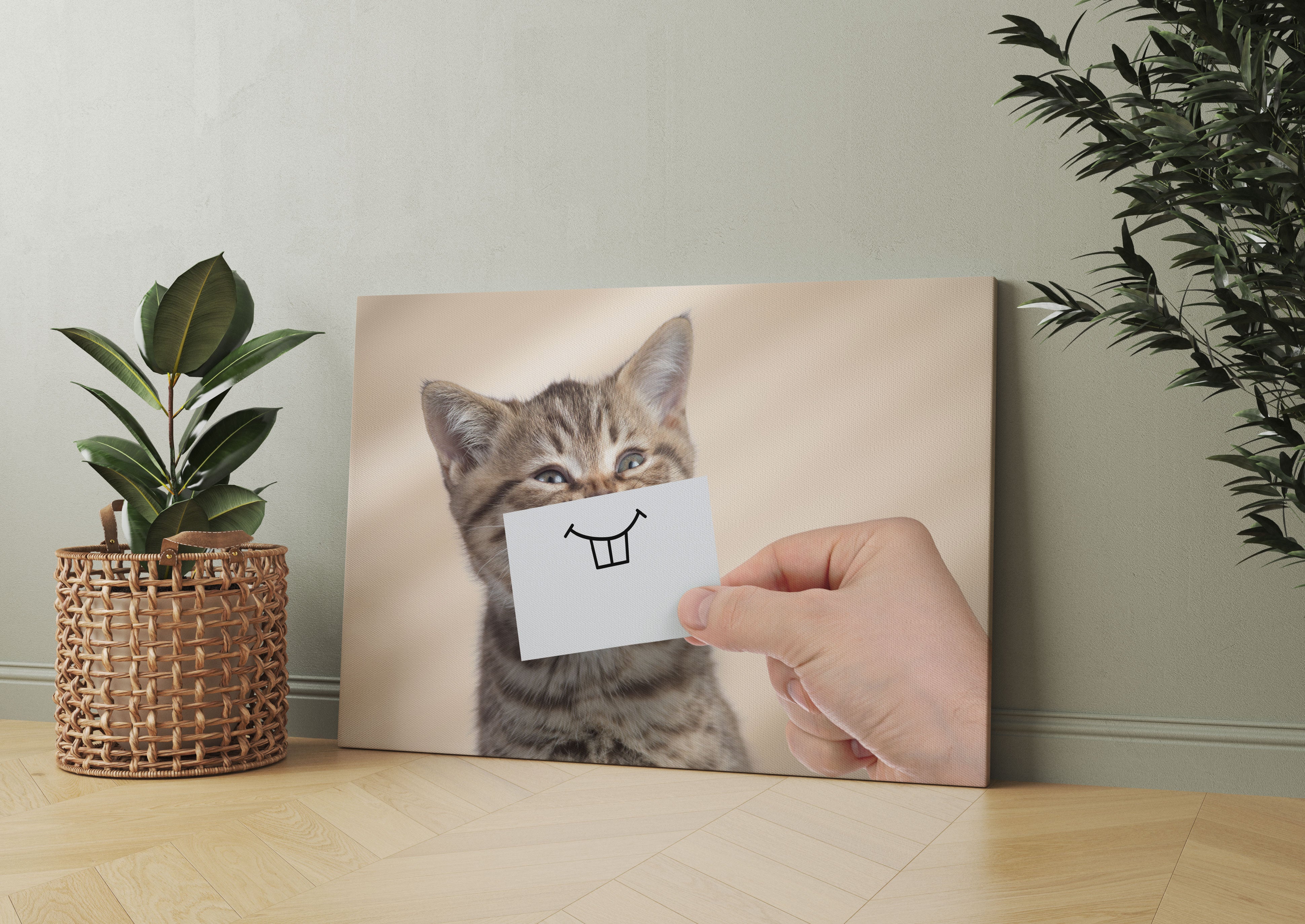 Lustige Katze mit Lächeln auf Papier Leinwandbild Wohnzimmer