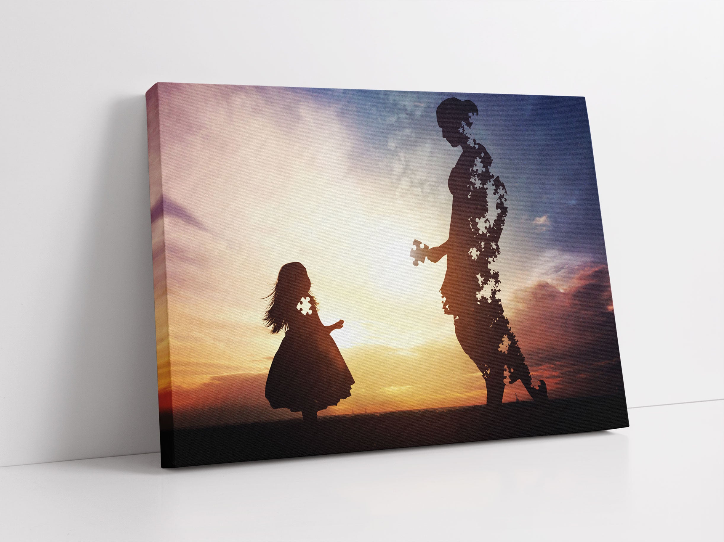 Silhouette Puzzle Mutter und Kind Leinwandbild Studio