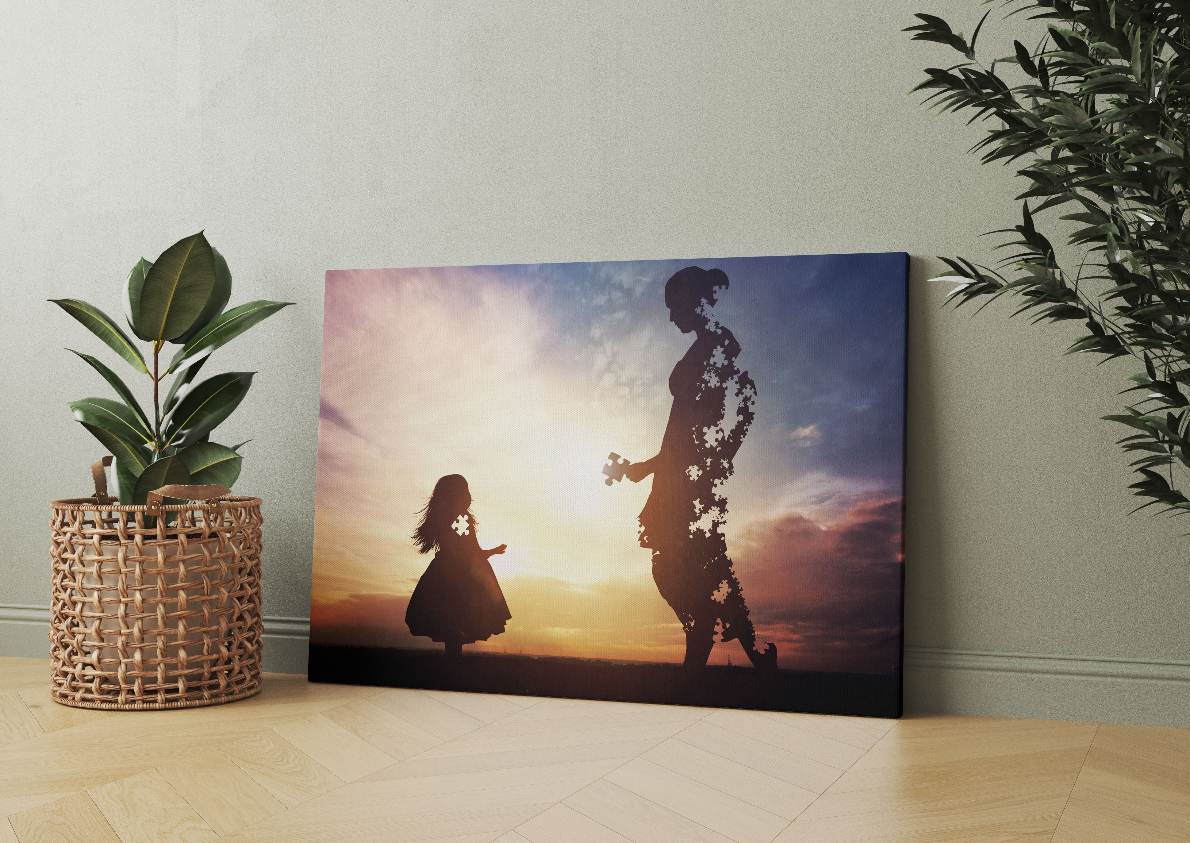 Silhouette Puzzle Mutter und Kind Leinwandbild Wohnzimmer