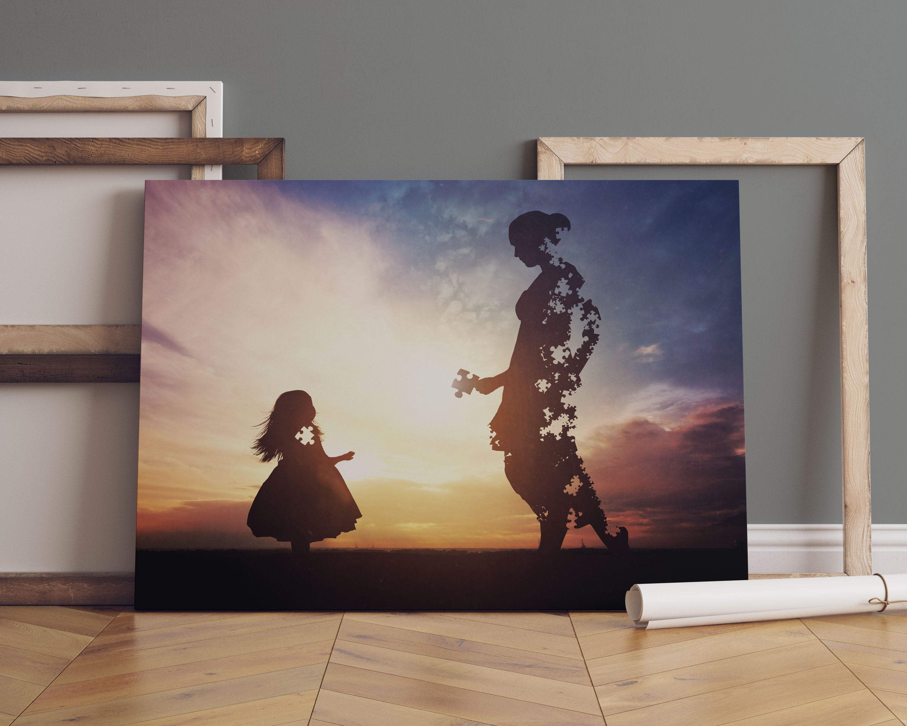 Silhouette Puzzle Mutter und Kind Leinwandbild Sofa