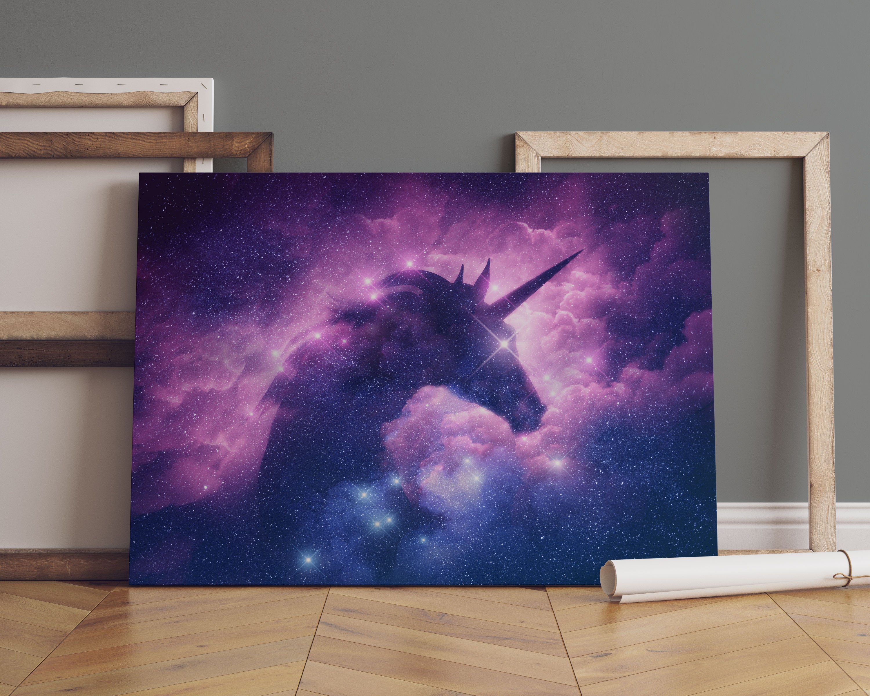 Einhorn Silhouette Galaxie Leinwandbild Sofa