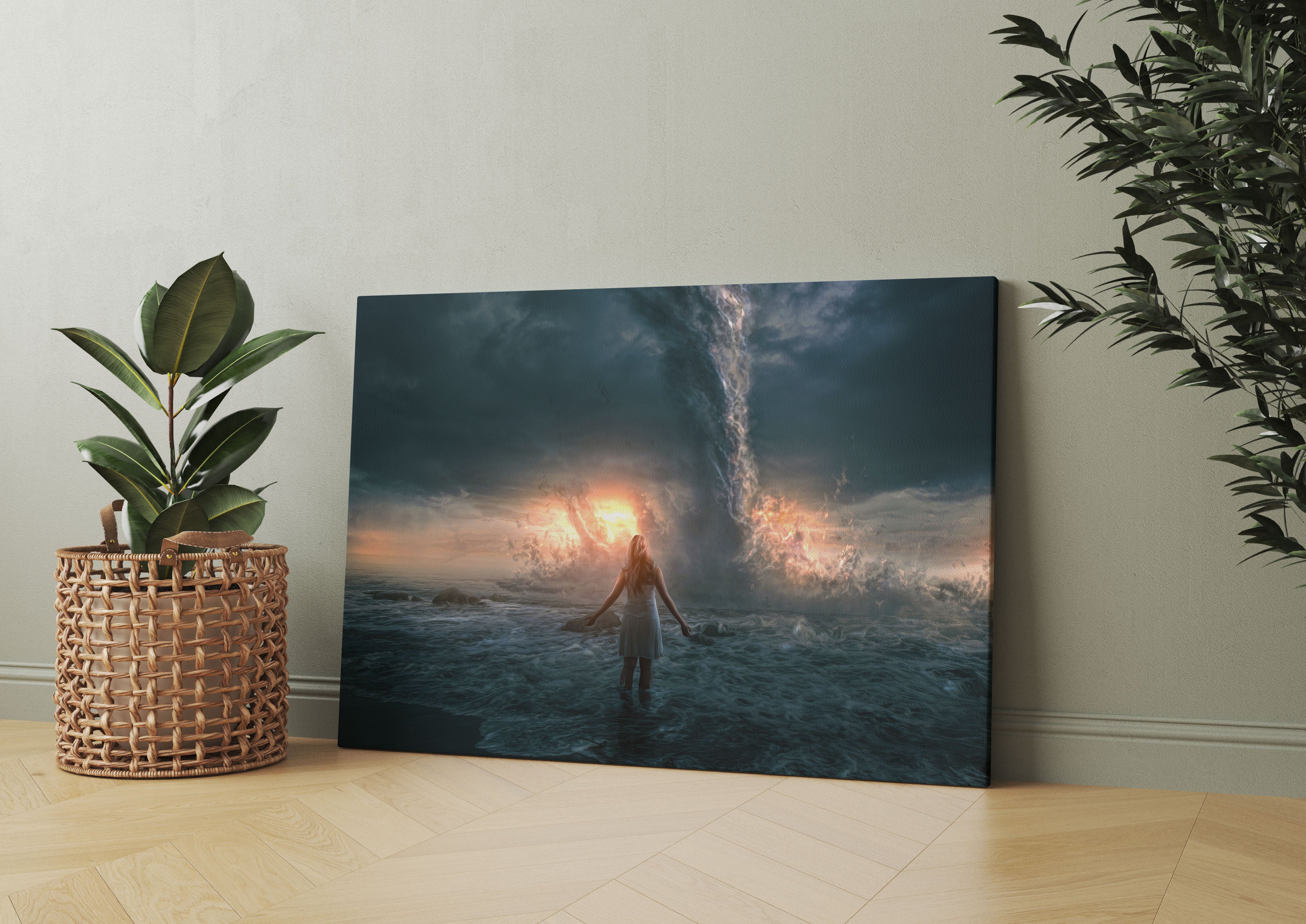 Frau am Strand vor düsterem Tornado Leinwandbild Wohnzimmer