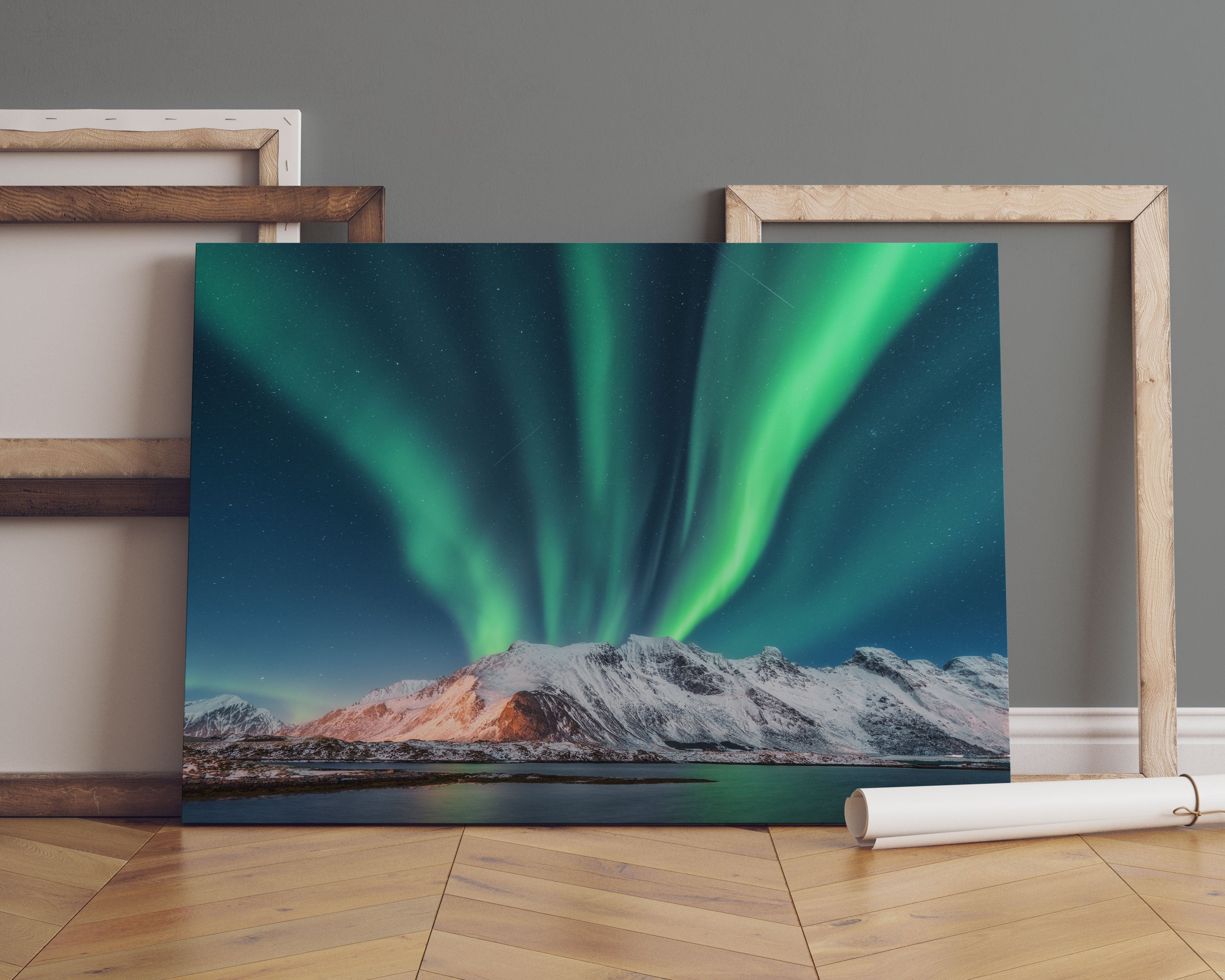 Nordlichter über Gletscher in Norwegen Leinwandbild Sofa