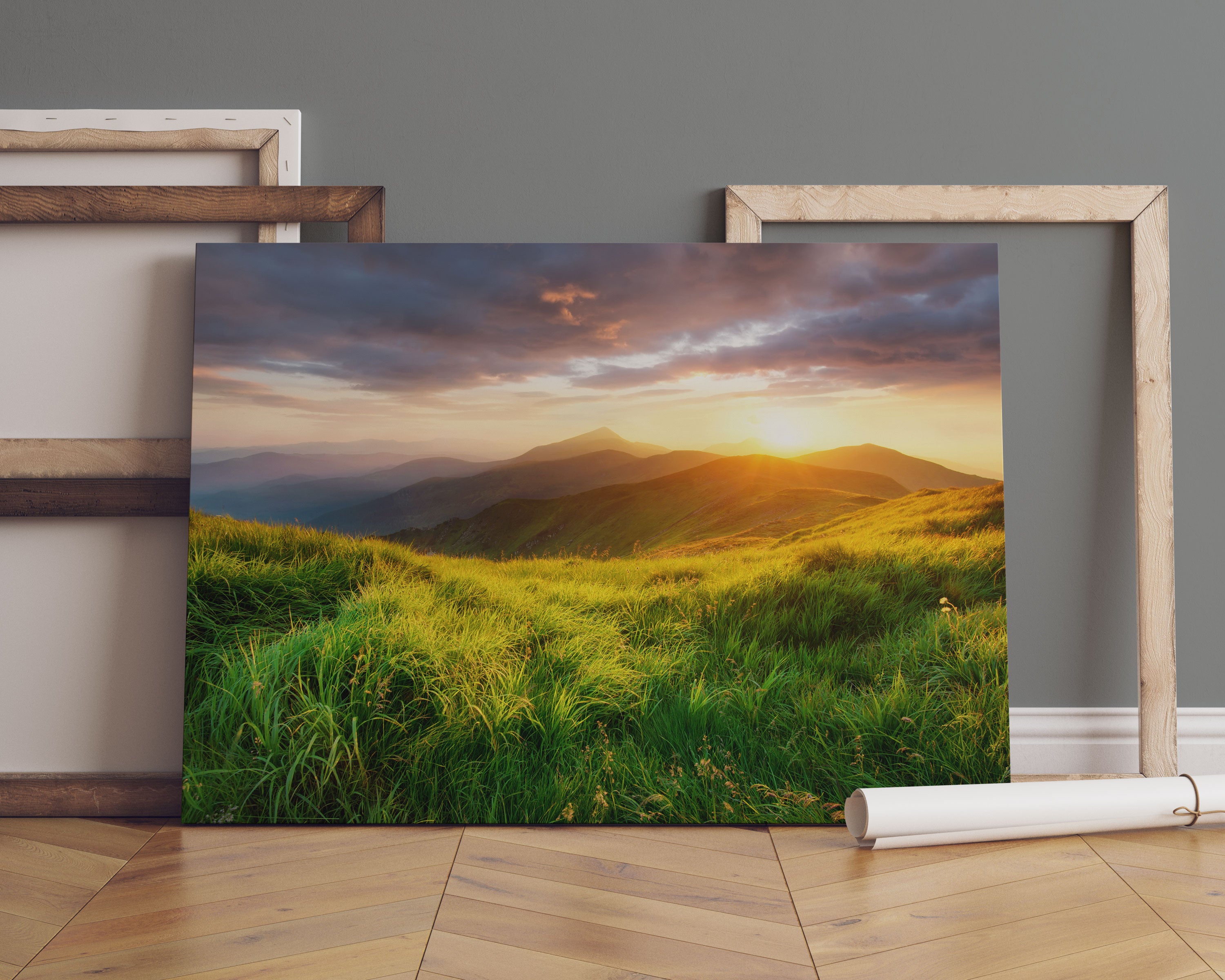 Sommerliche Bergwiese Sonnenuntergang Leinwandbild Sofa