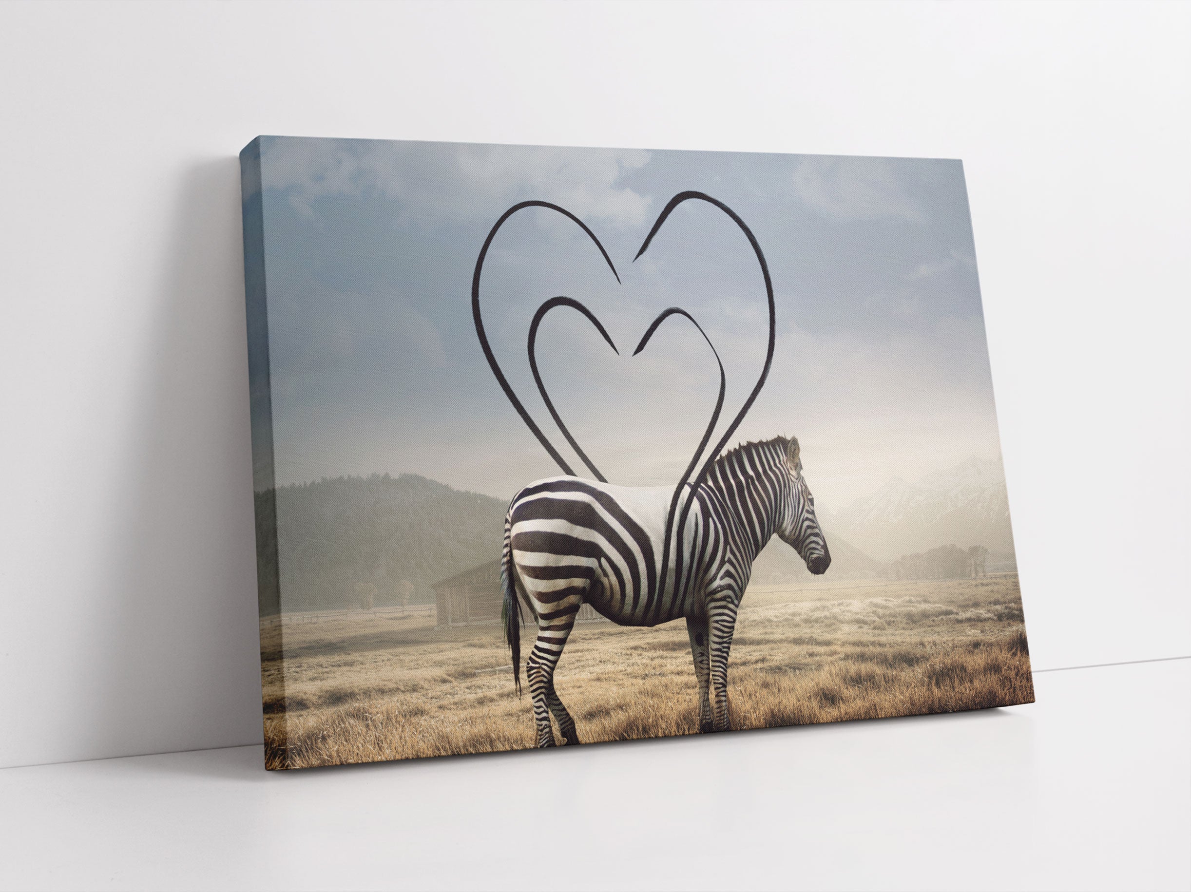 Zebra mit Herzbotschaft in der Savanne Leinwandbild Studio