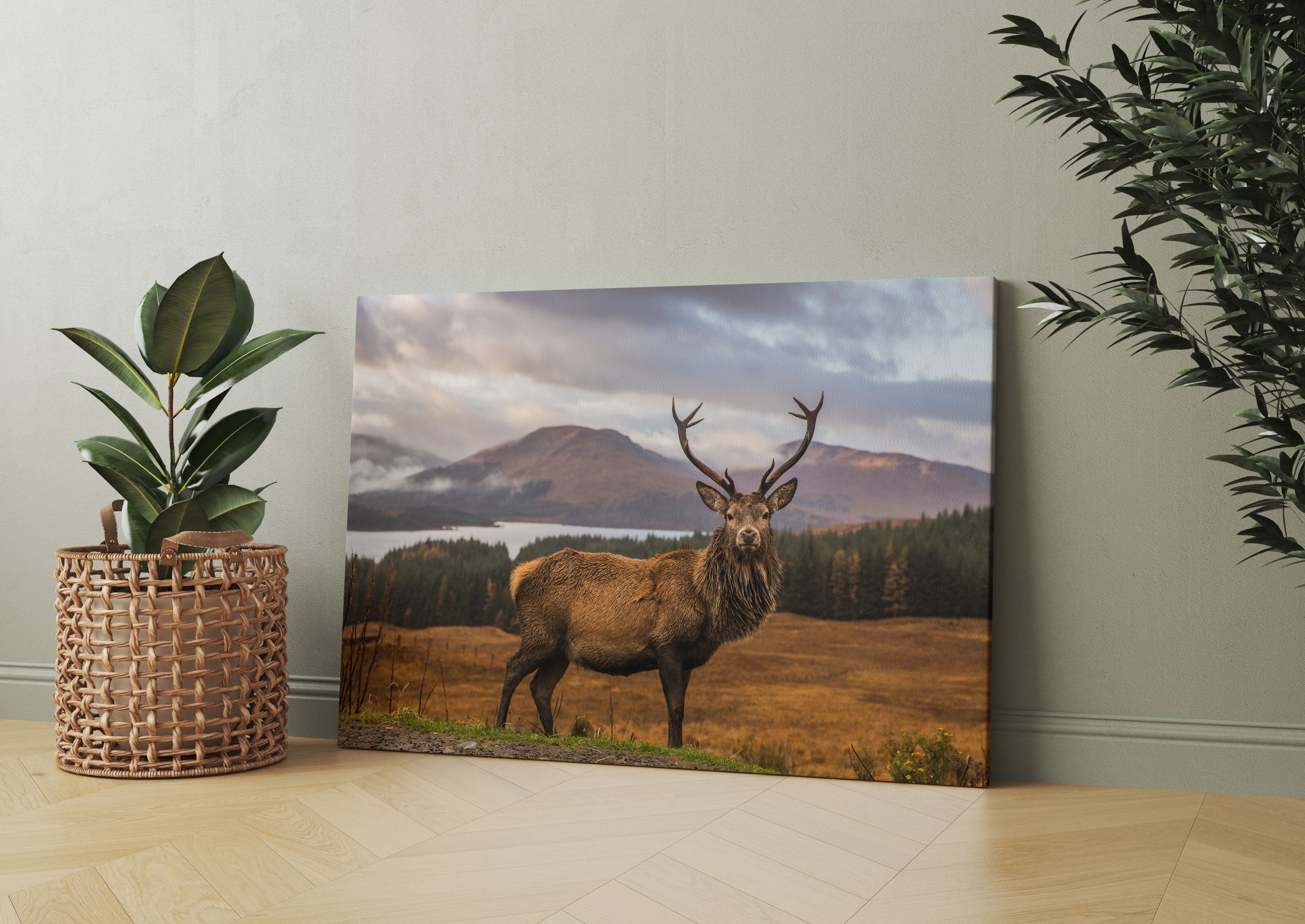 Hirsch in atemberaubender Landschaft Leinwandbild Wohnzimmer