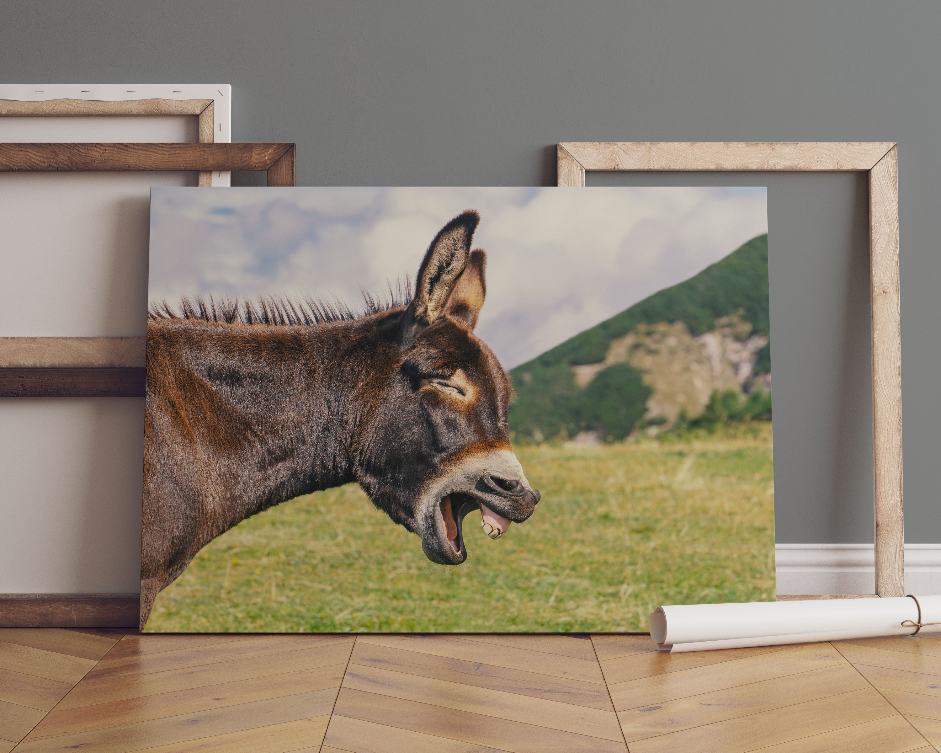 Brüllender Esel auf grüner Bergwiese Leinwandbild Sofa