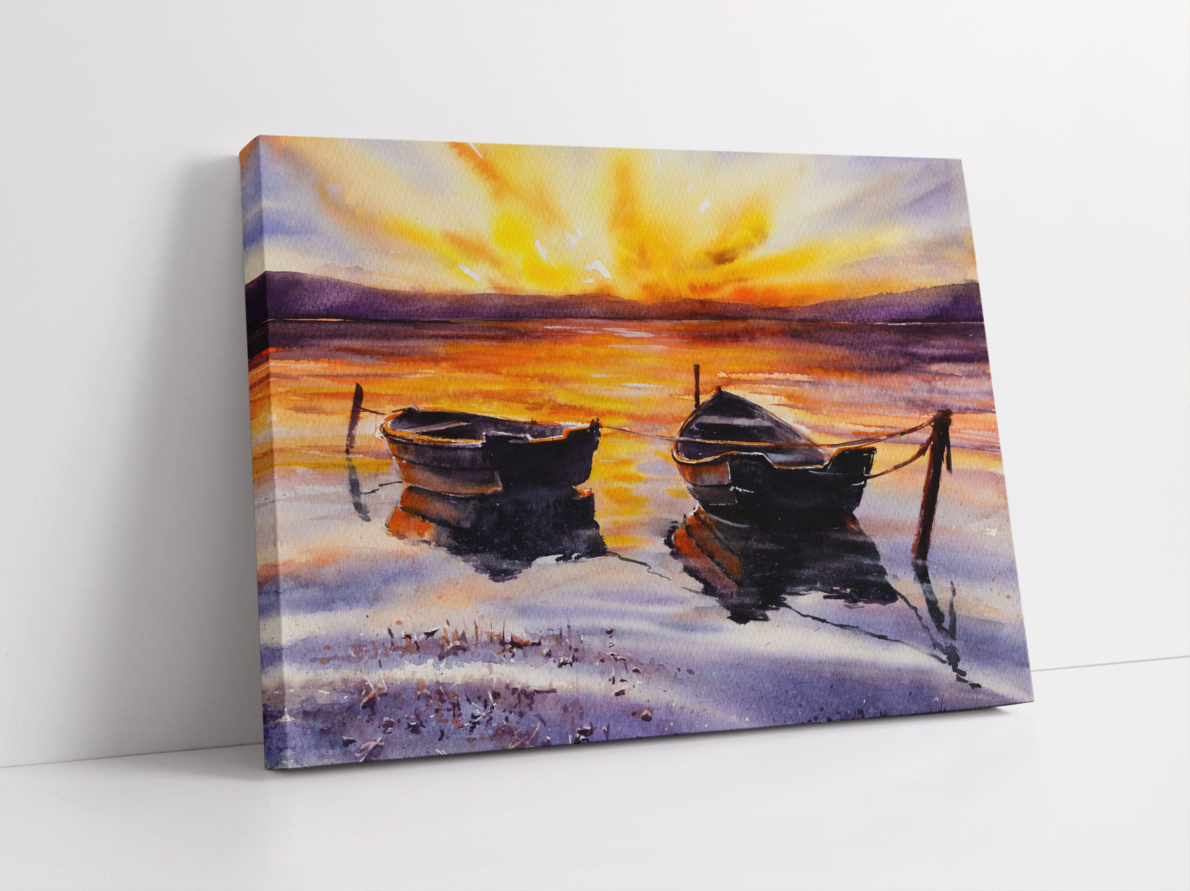 Zwei angeleinte Boote bei Sonnenuntergang Leinwandbild Studio