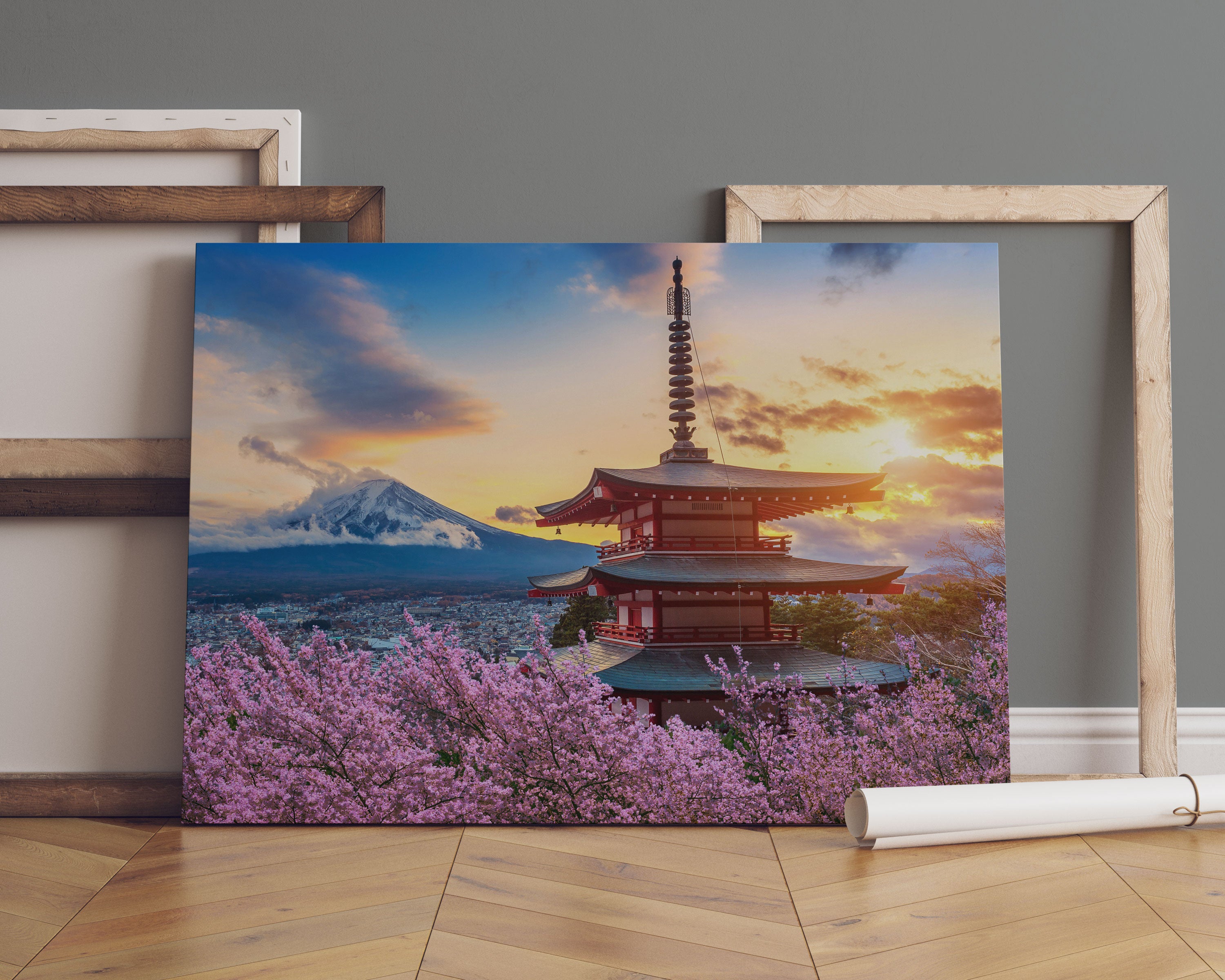 Japanischer Tempel zwischen Kirschblüten Leinwandbild Sofa