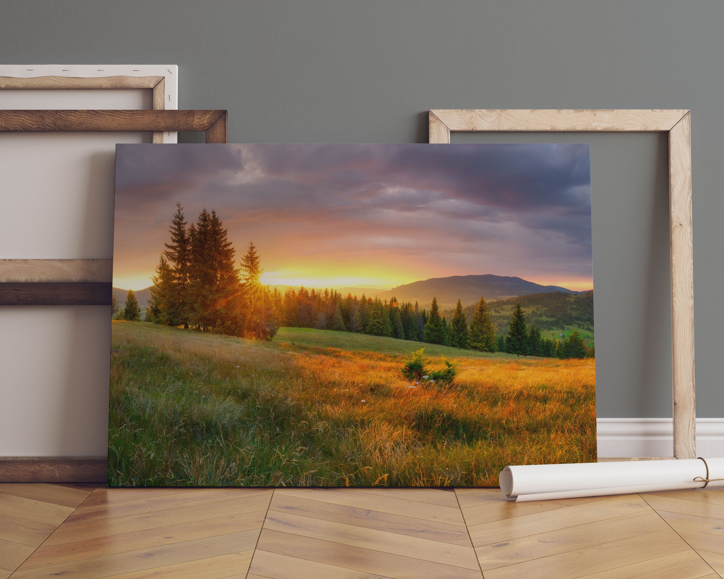 Wiesenlandschaft bei Sonnenuntergang Leinwandbild Sofa