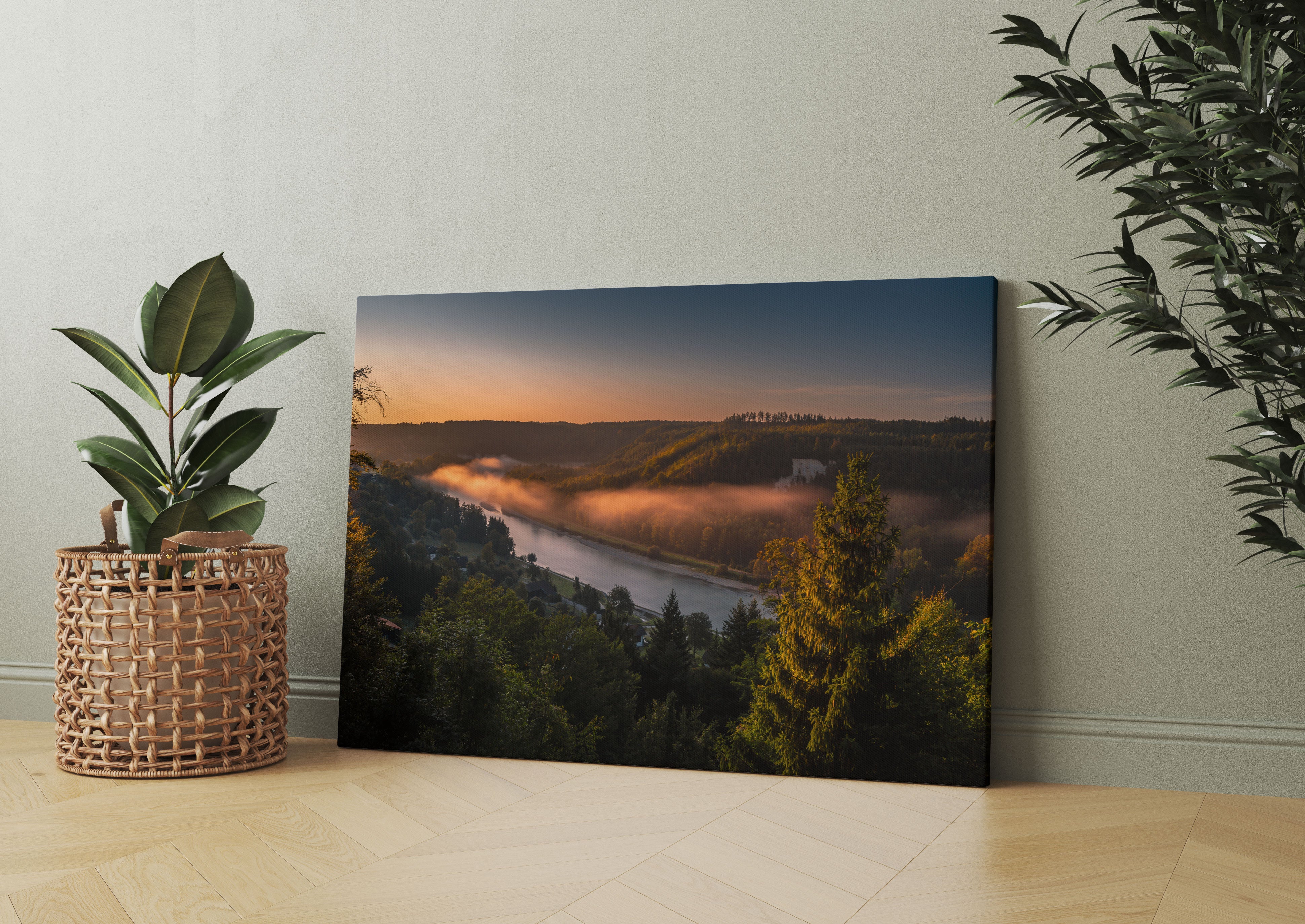 Nebel über Fluss in Waldlandschaft Leinwandbild Wohnzimmer