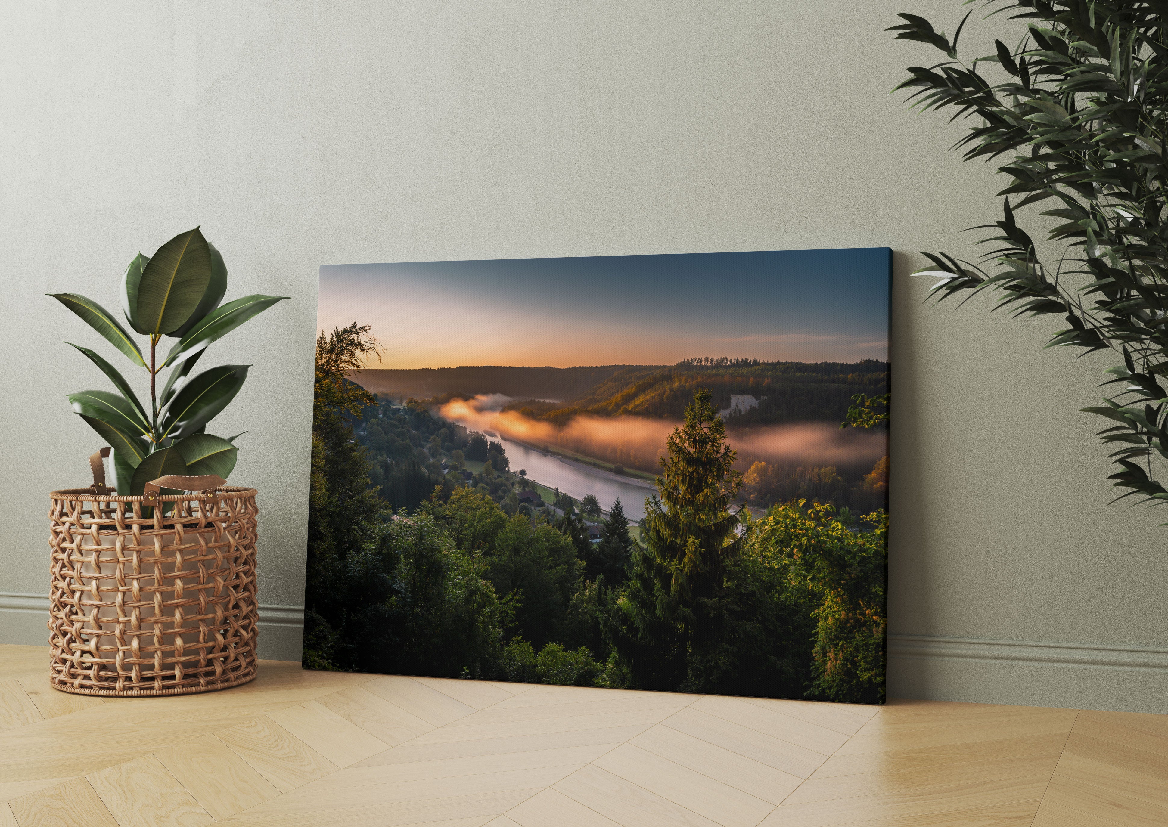 Nebel über Fluss bei Sonnenaufgang Leinwandbild Wohnzimmer