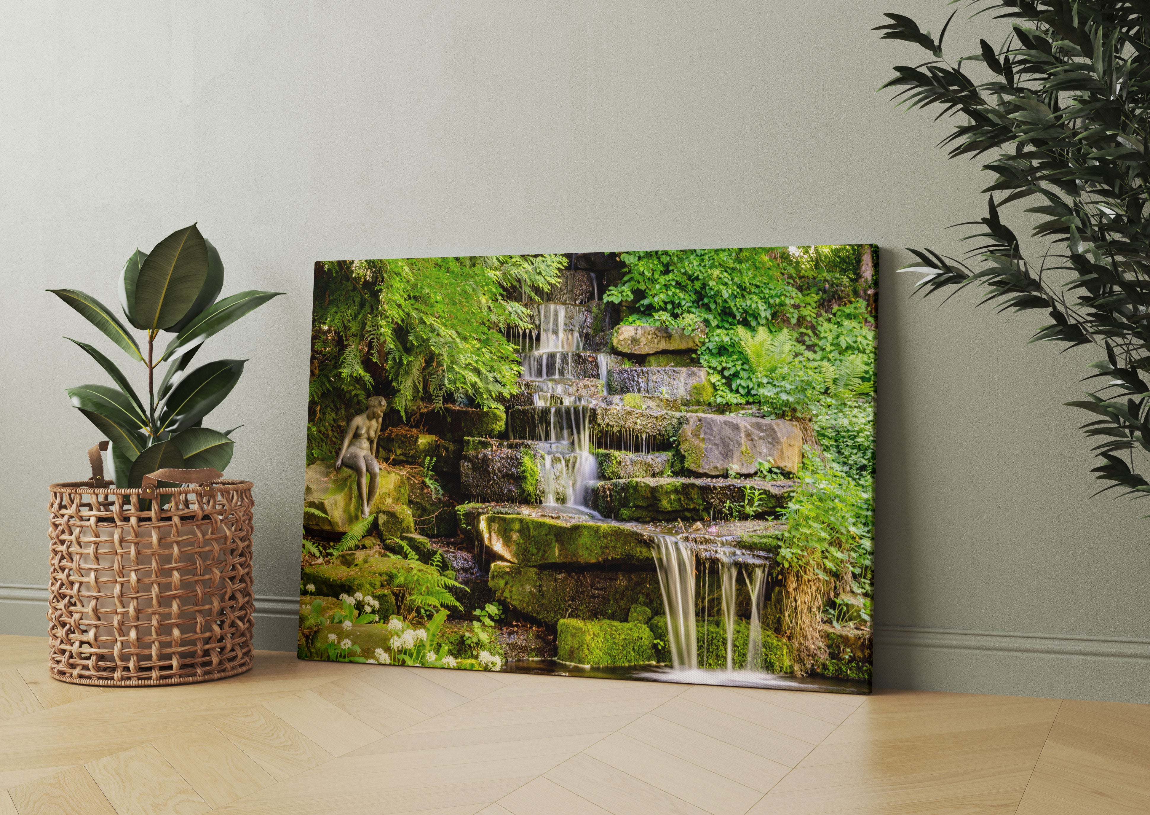 Kleiner Wasserfall über Steinplatten Leinwandbild Wohnzimmer