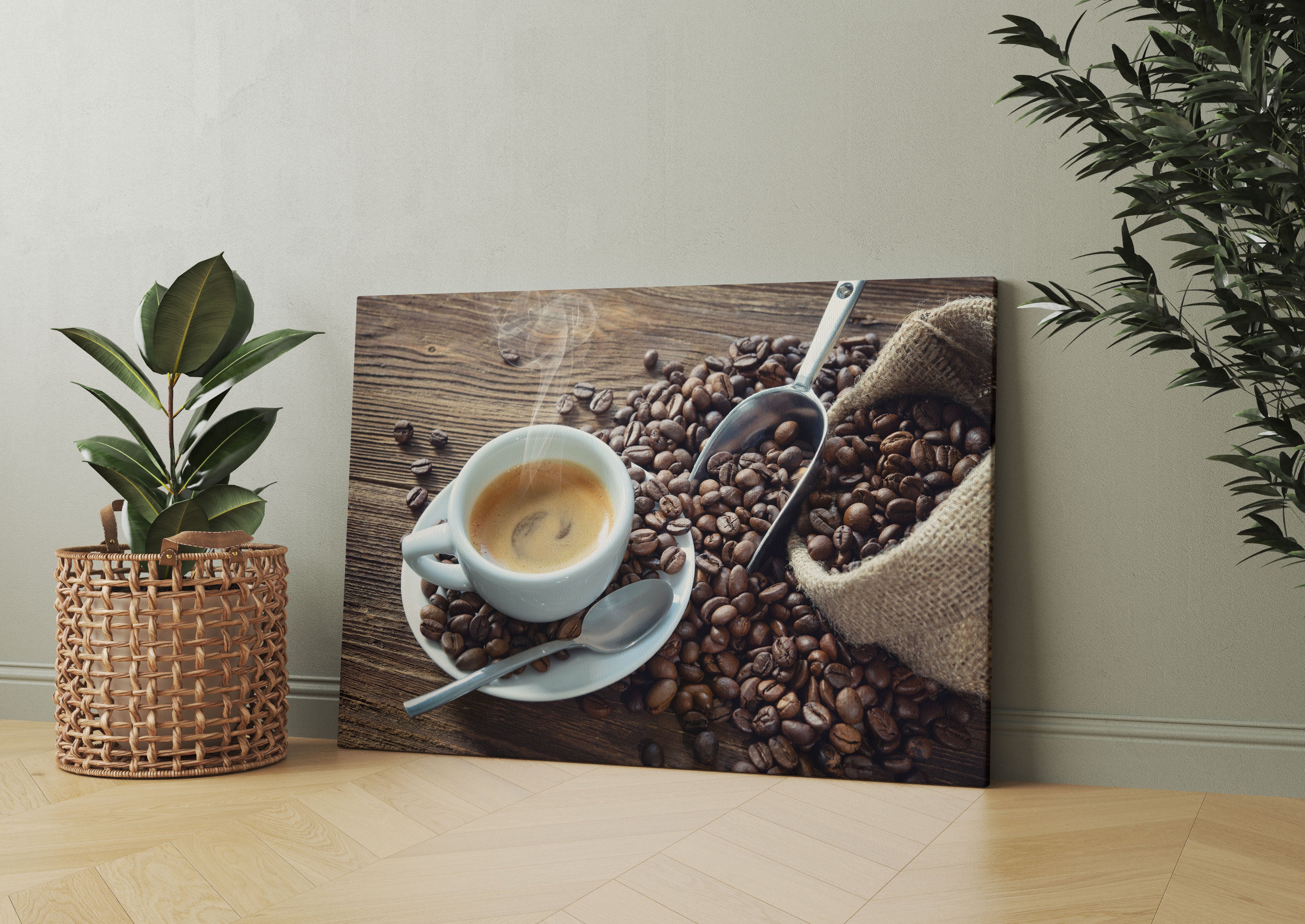 Espressotasse mit Kaffeebohnen Leinwandbild Wohnzimmer