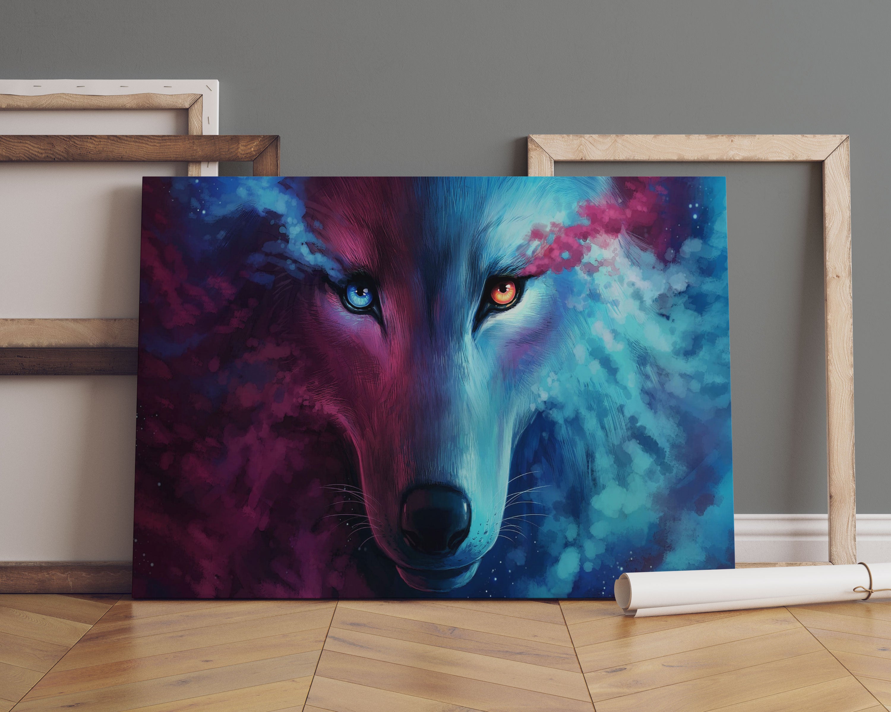 Abstrakter Wolf mit rauchenden Augen Leinwandbild Sofa