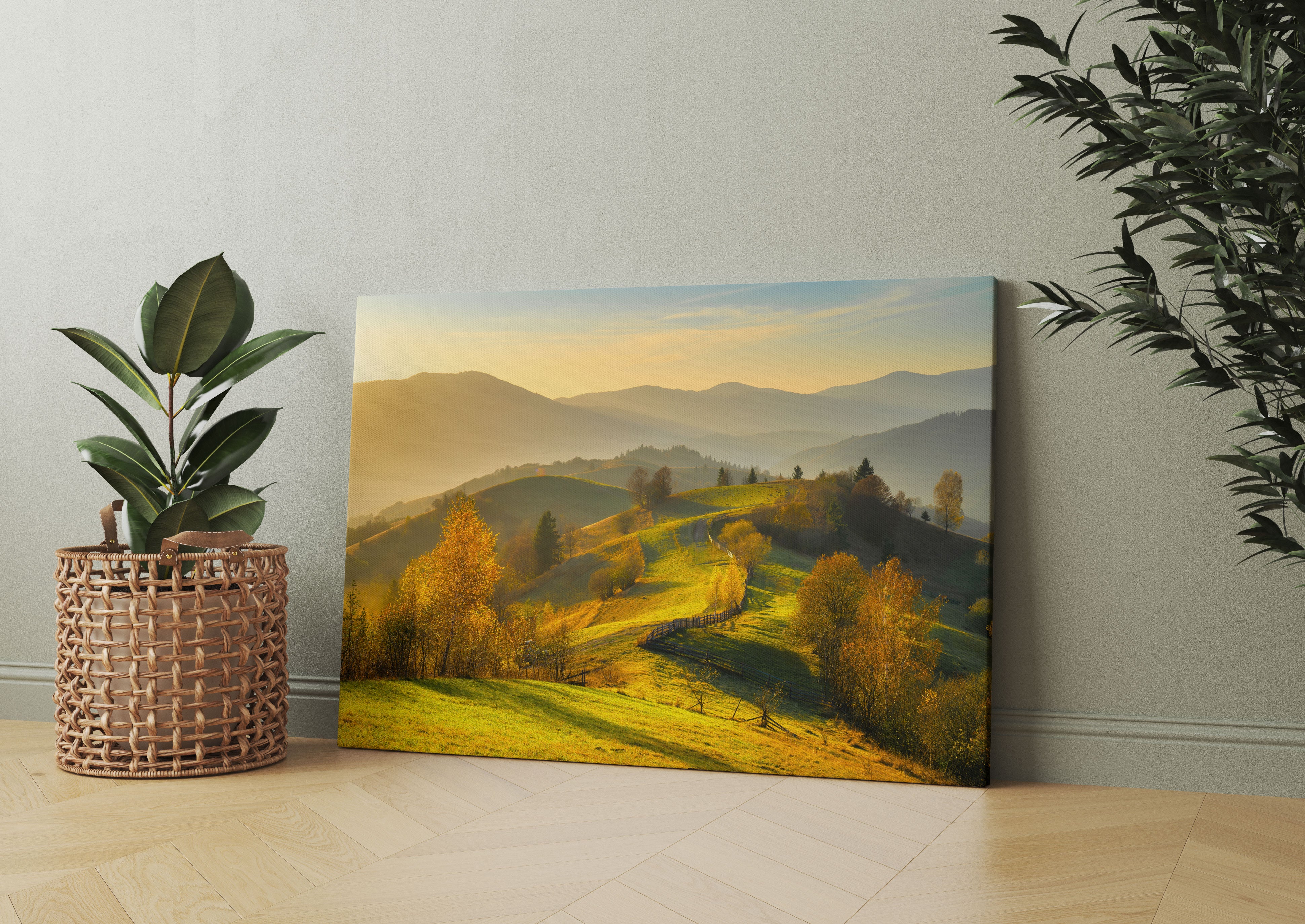 Hügelige Herbstlandschaft bei Sonnenuntergang Leinwandbild Wohnzimmer