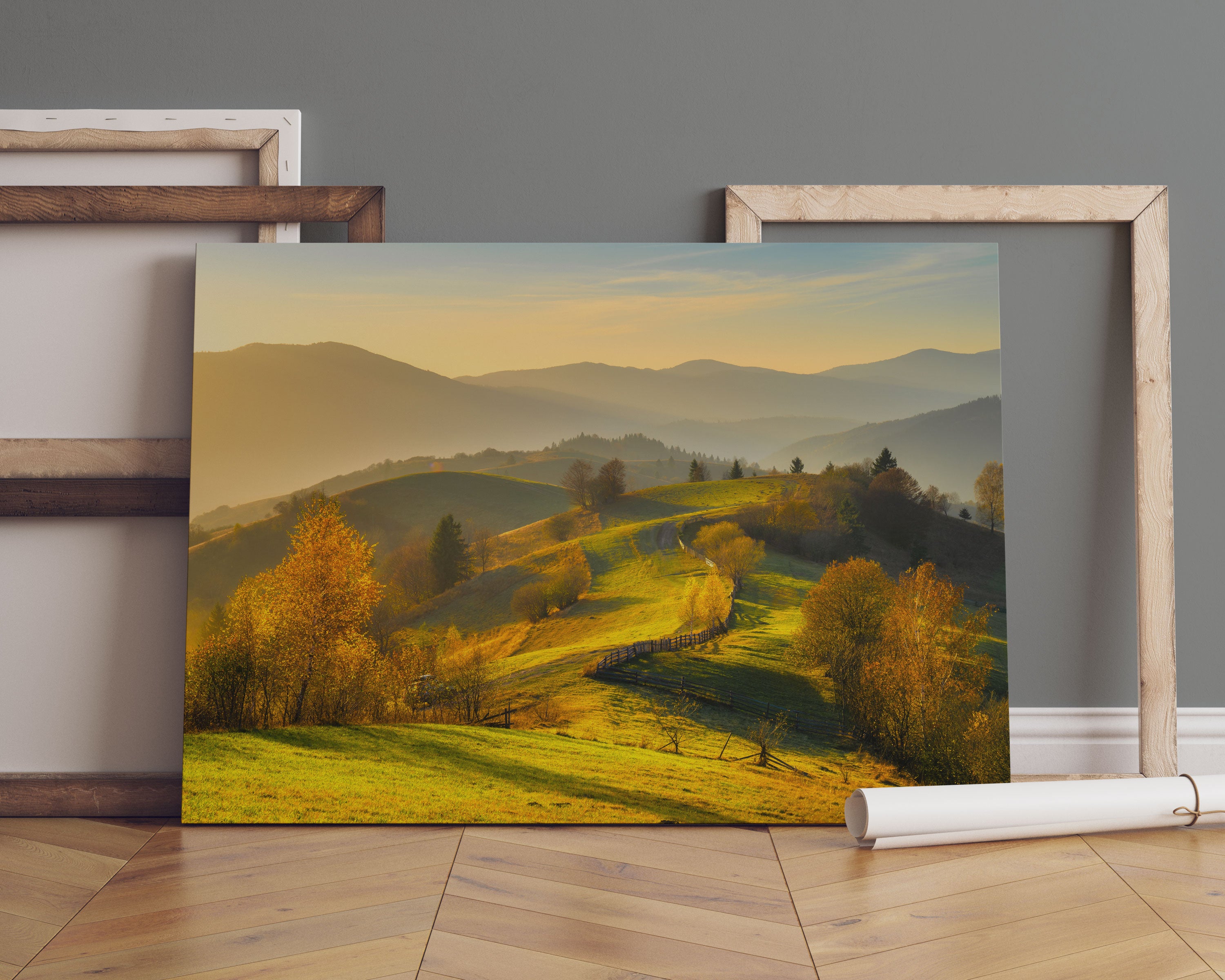 Hügelige Herbstlandschaft bei Sonnenuntergang Leinwandbild Sofa