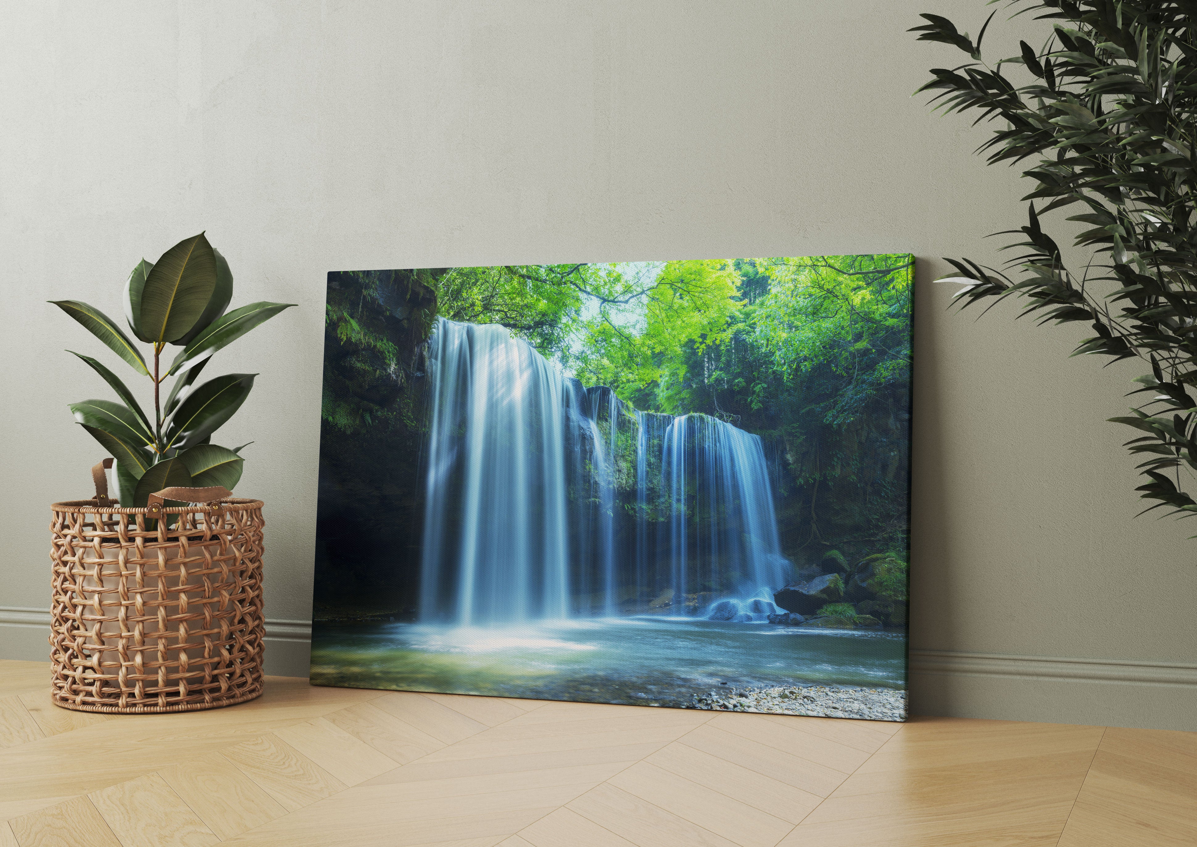 Tropischer Wasserfall im Wald Leinwandbild Wohnzimmer