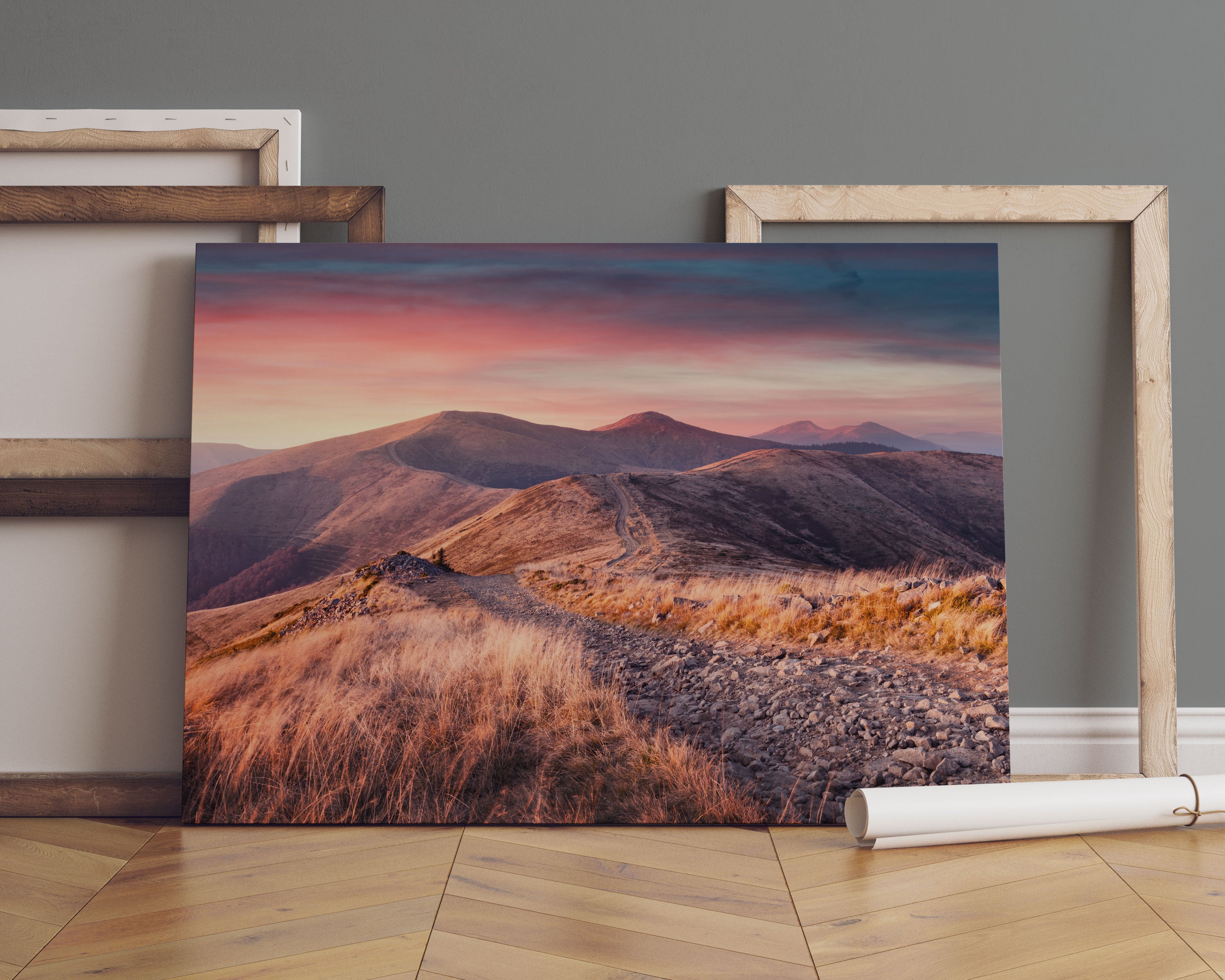 Steinlandschaft bei Sonnenuntergang Leinwandbild Sofa