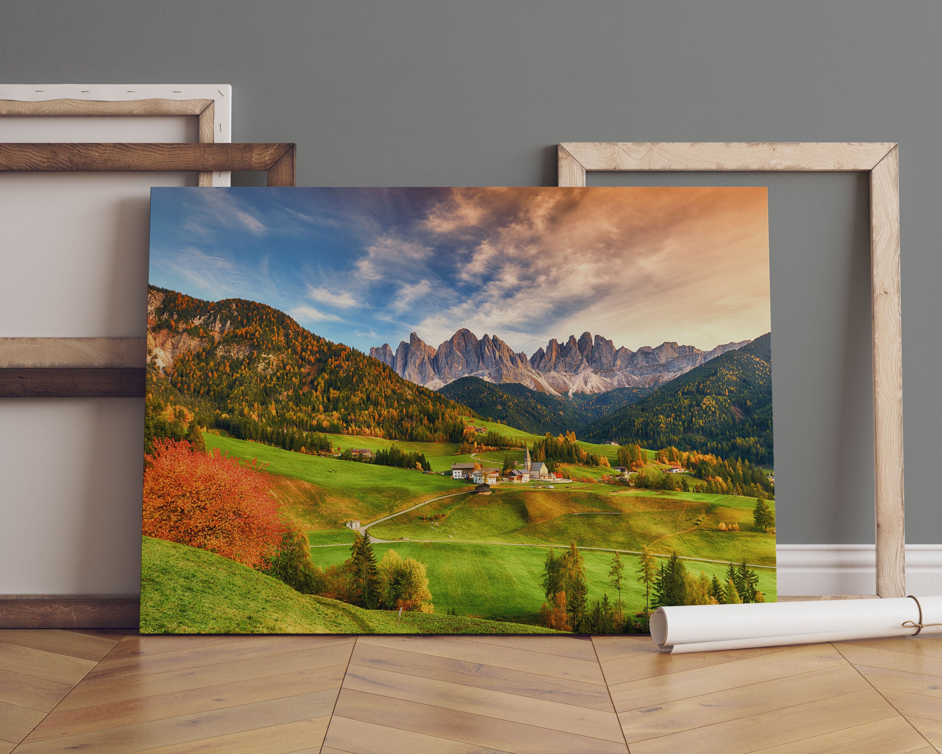 Herbstliche Landschaft in den Dolomiten Leinwandbild Sofa