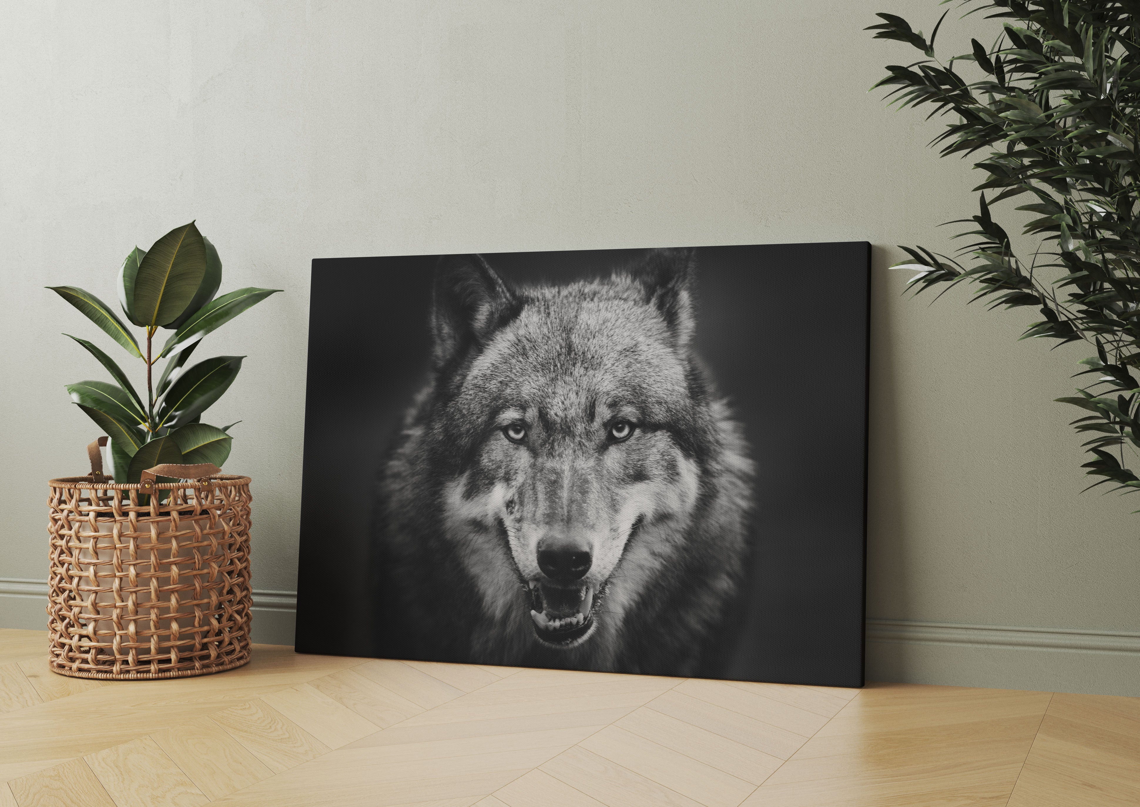 Nahaufnahme Wolf mit offener Schnauze Leinwandbild Wohnzimmer