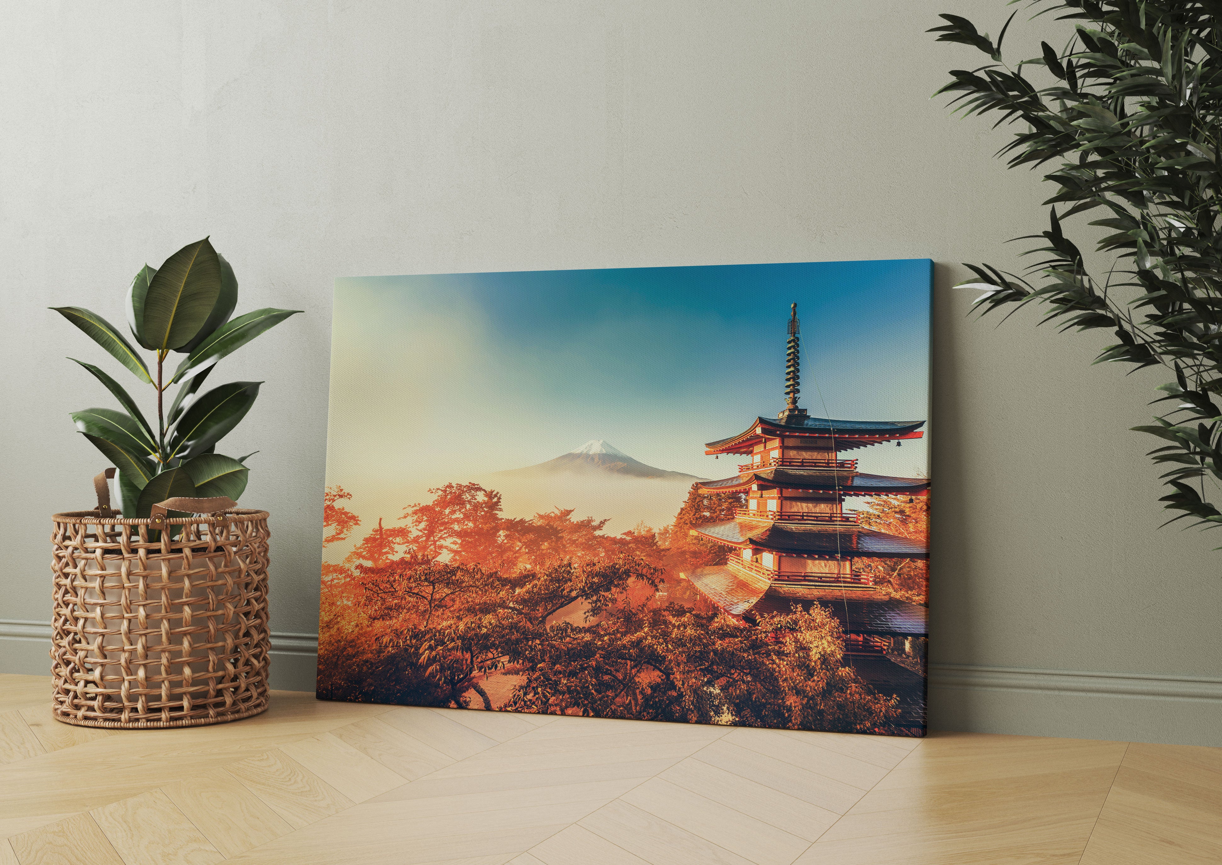 Japanischer Tempel in bunten Baumwipfeln Leinwandbild Wohnzimmer