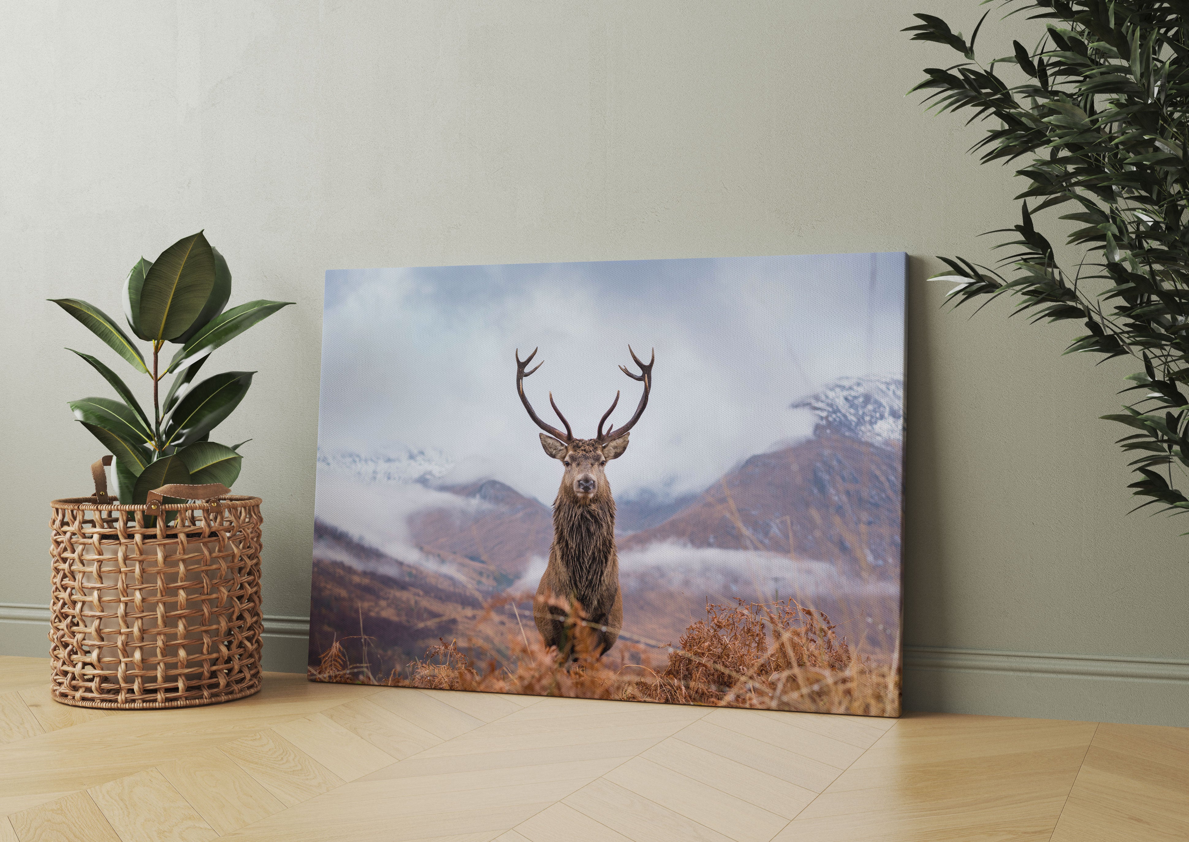 Majestätischer Hirsch in Berglandschaft Leinwandbild Wohnzimmer