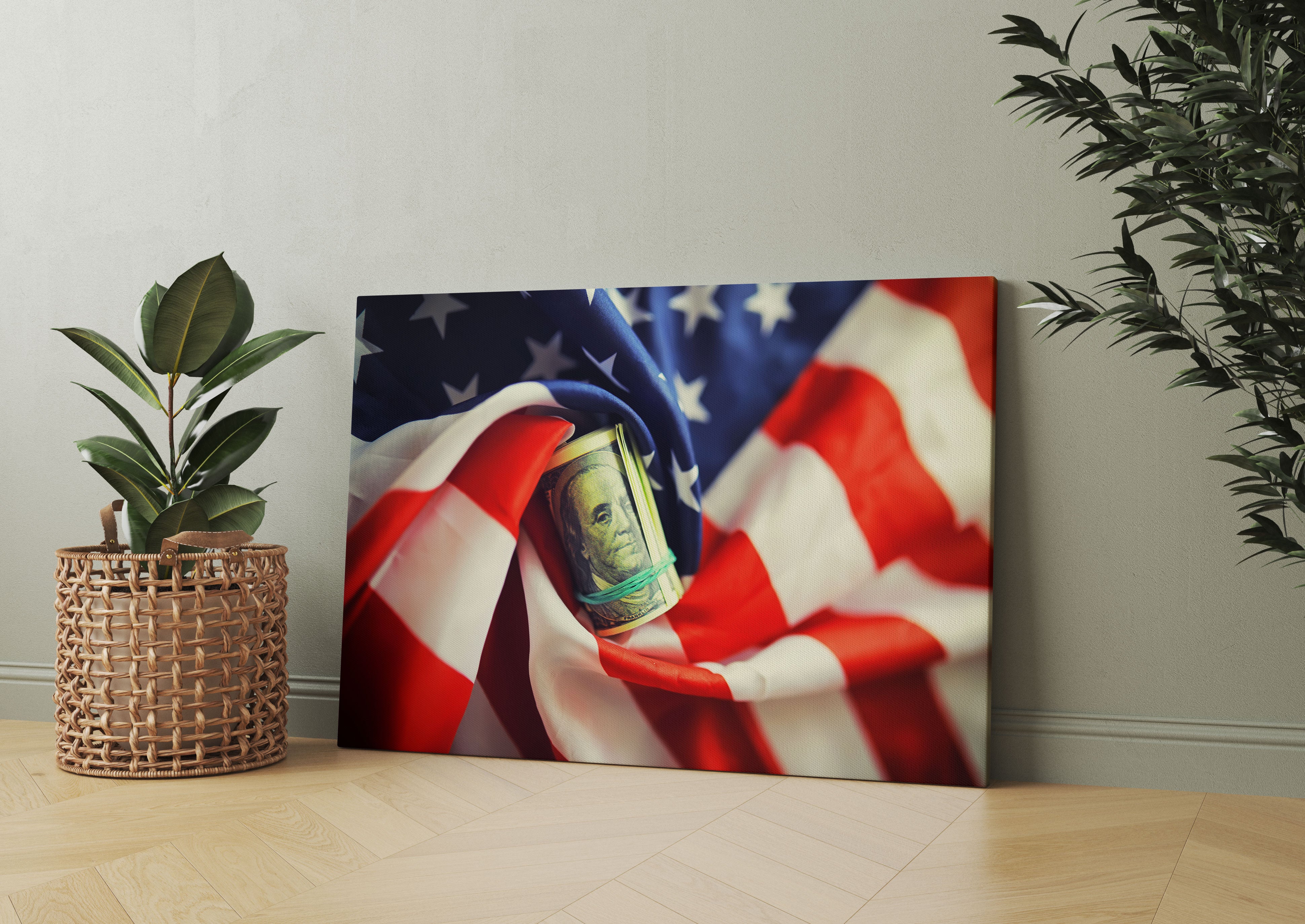 USA Flagge mit Dollarschein Leinwandbild Wohnzimmer