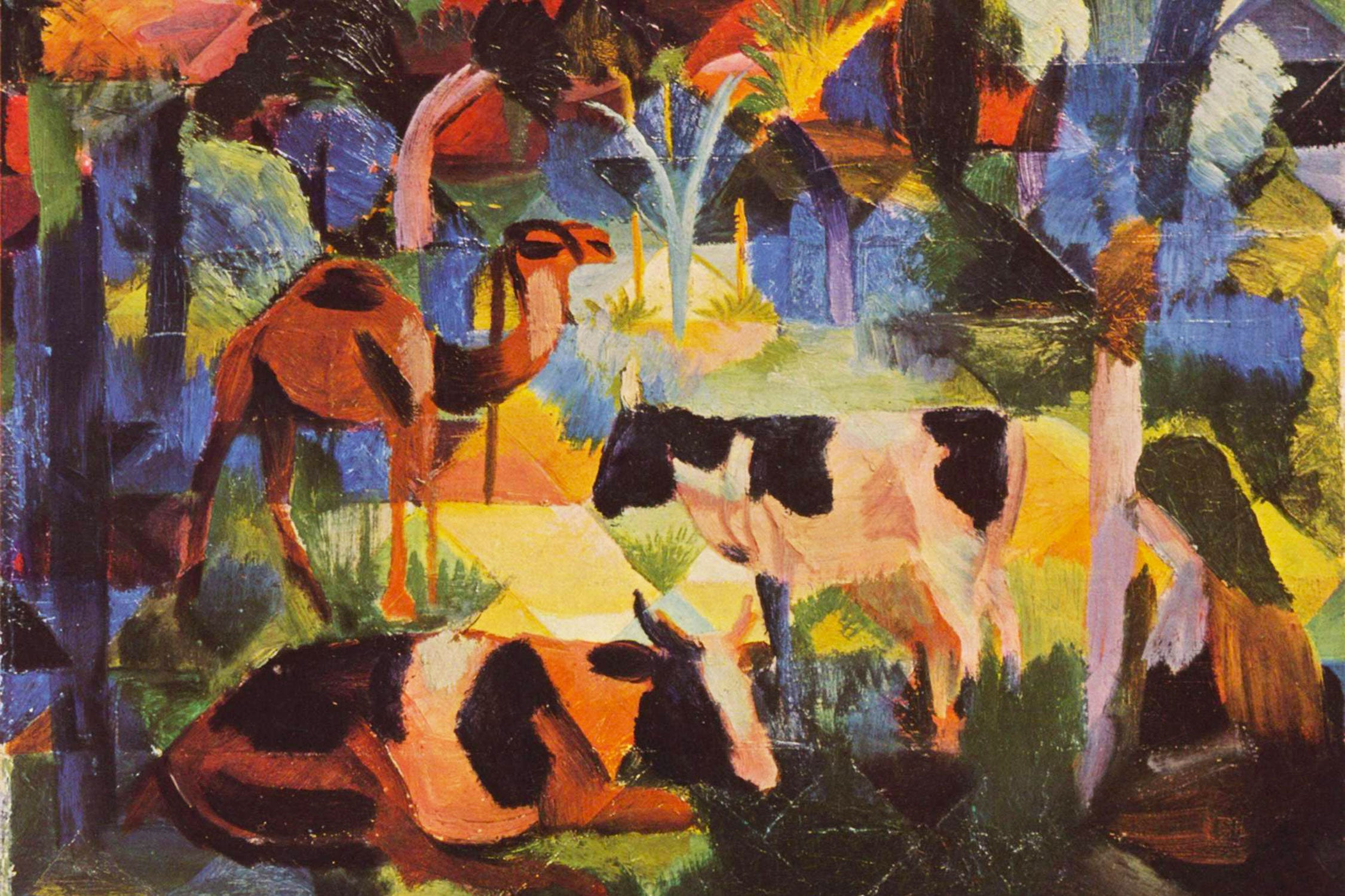 August Macke - Landschaft mit Kühen und Kamel, Glasbild