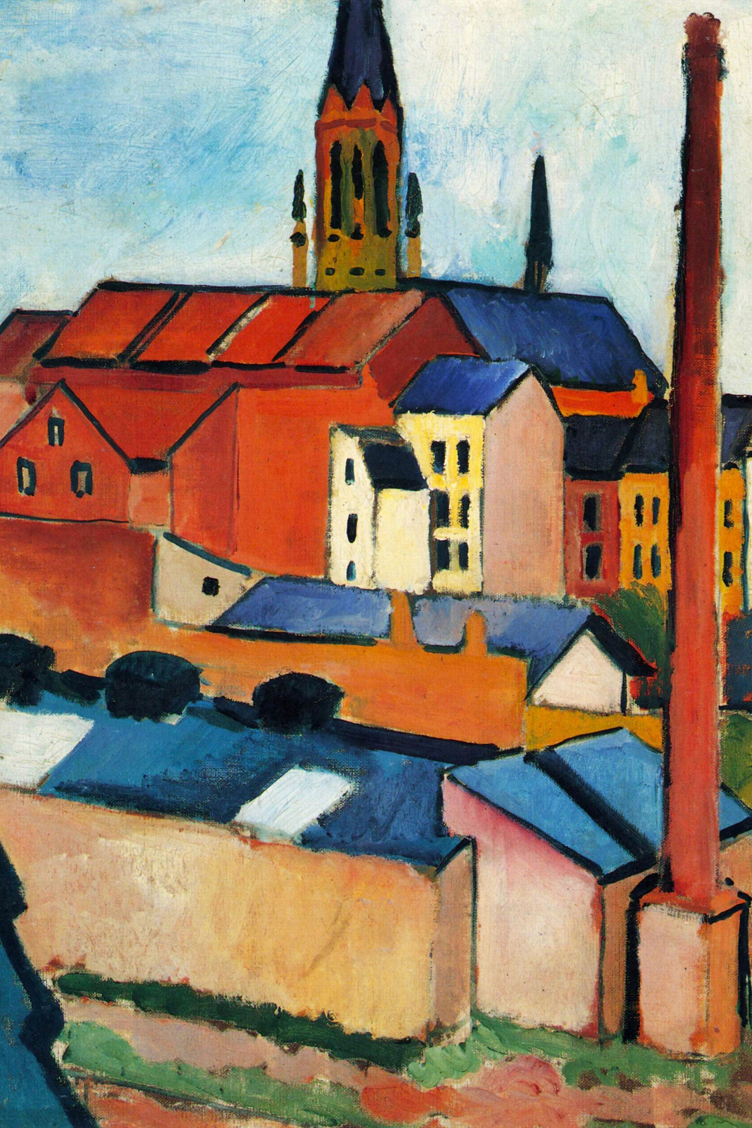 August Macke - Marienkirche mit Häusern und Schornstein, Glasbild