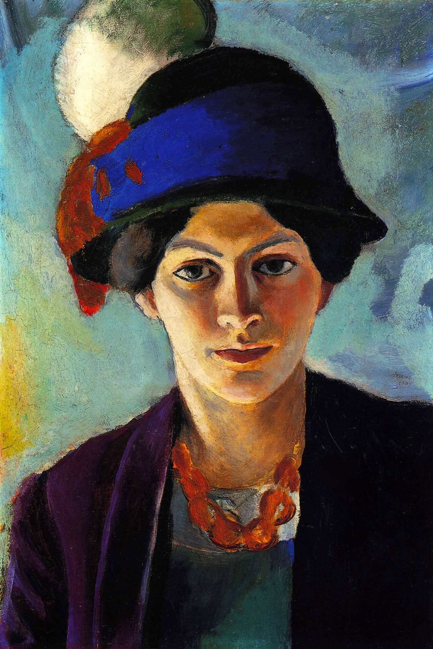 August Macke - Frau des Künstlers mit Hut, Glasbild